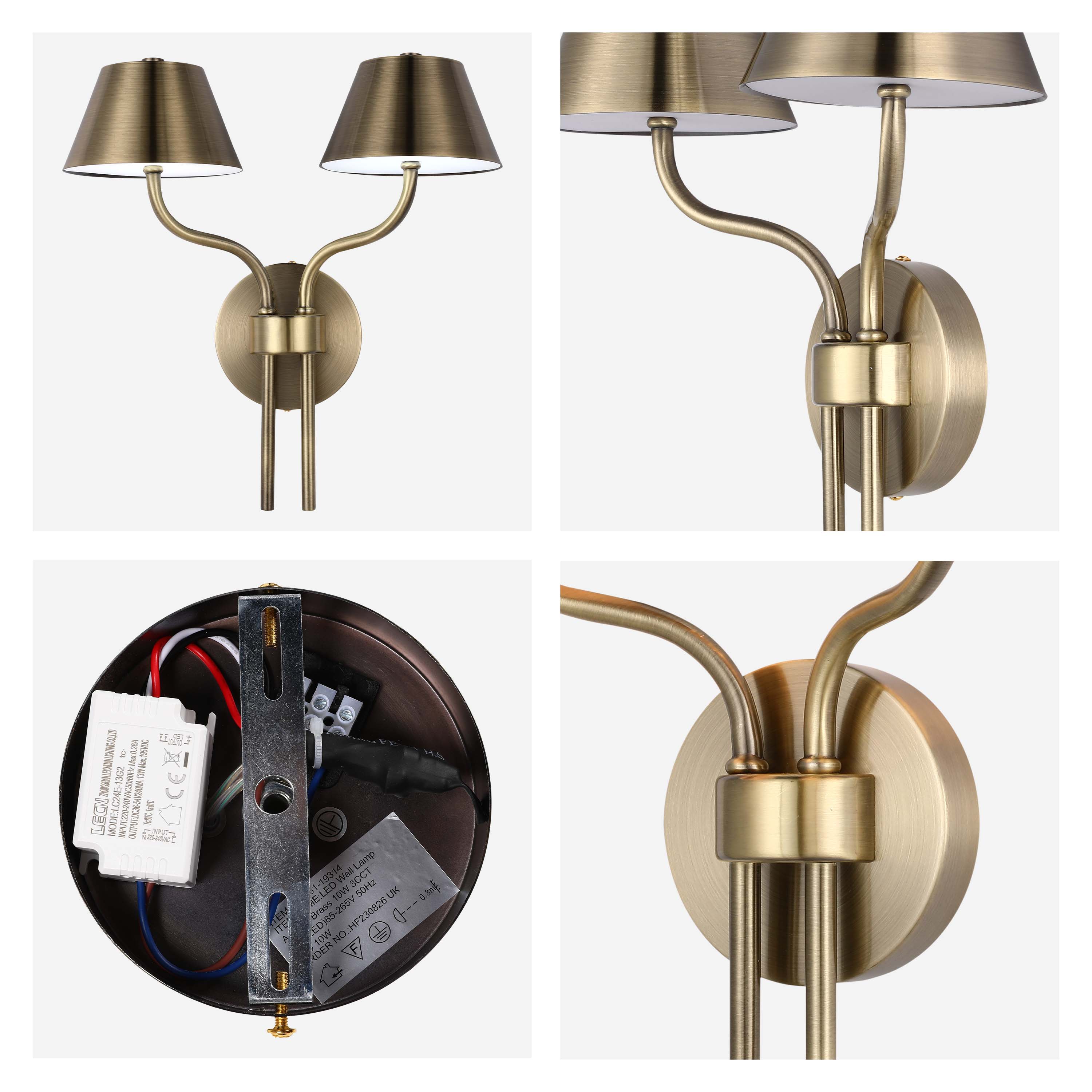Classic Antique Brass Twin LED Wall Sconce, 12W 3CCT Selectable