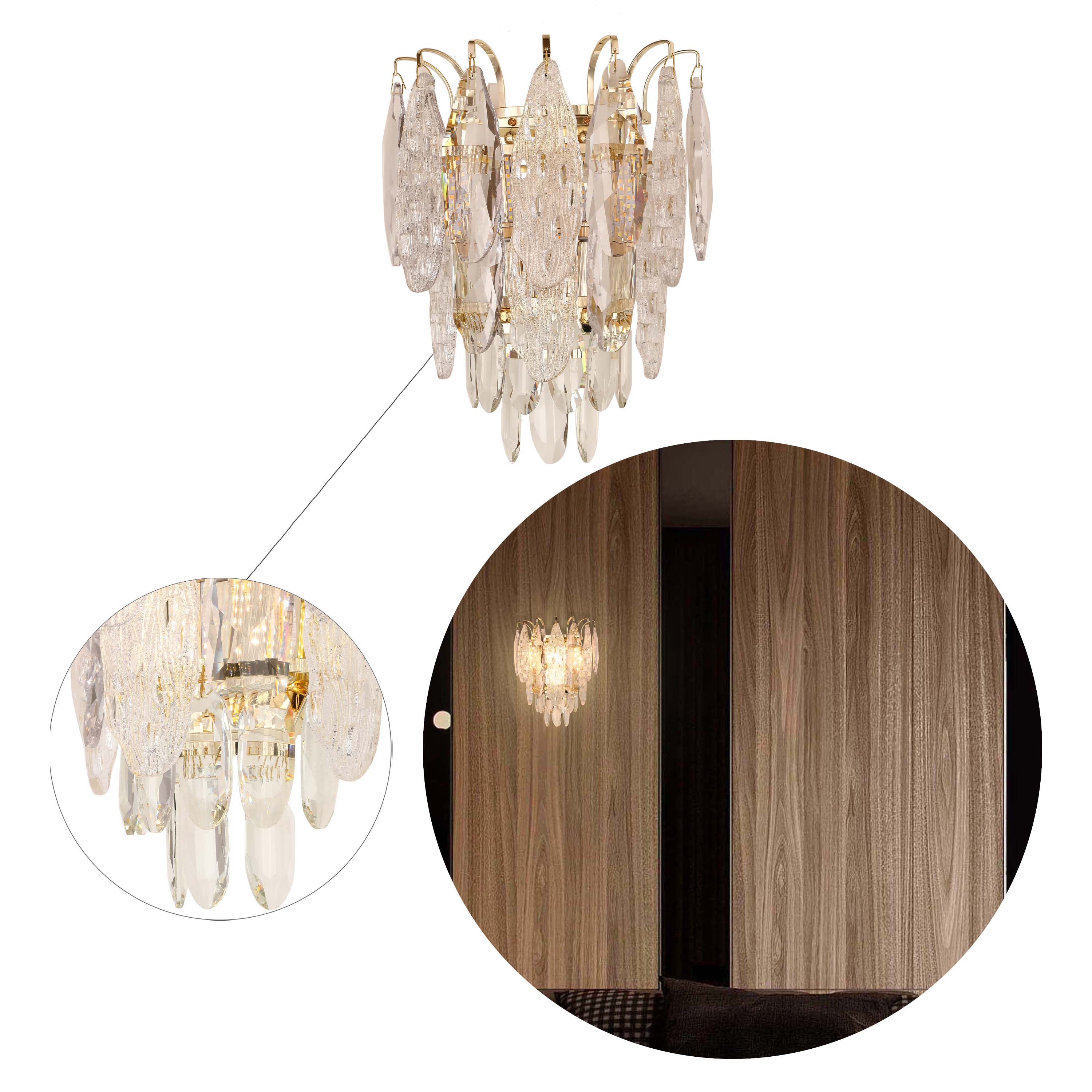 Elegant Gold Crystal Wall Sconce, 3-Light E14 Dimmable