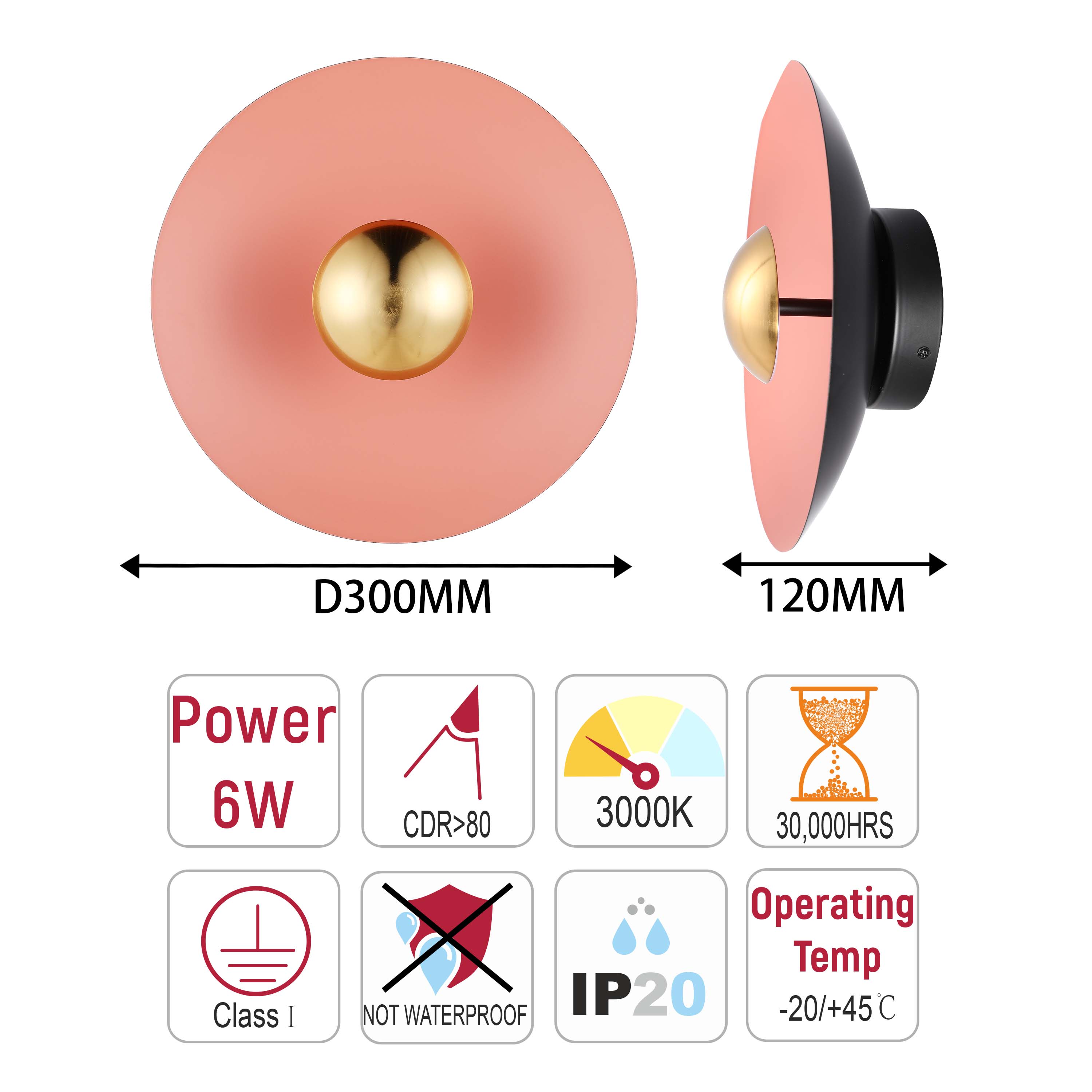 Modern Circular LED Wall Sconce with Gold Accent (White, Pink, Blue), 6W 3000K