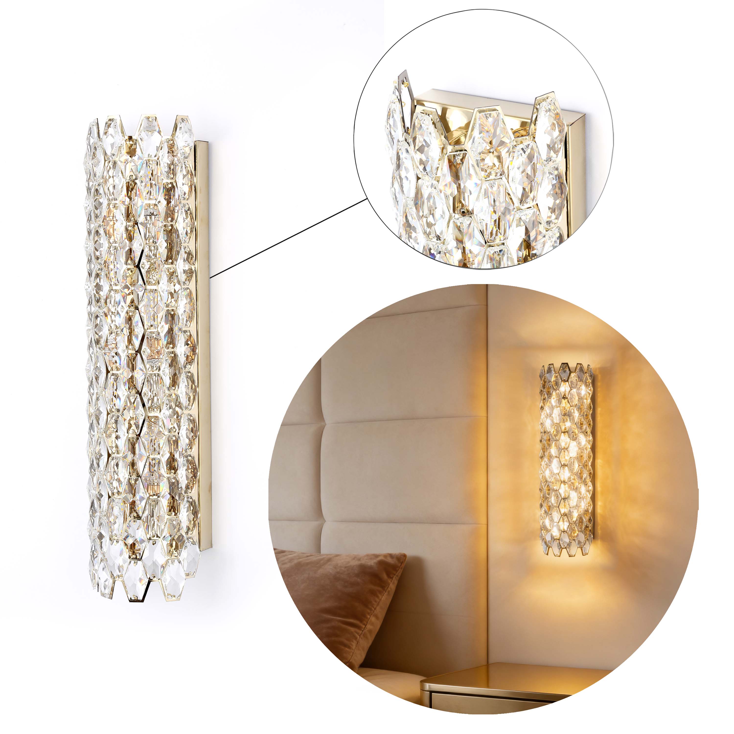 Premium Gold Crystal Deco Wall Sconce, E14 Dimmable