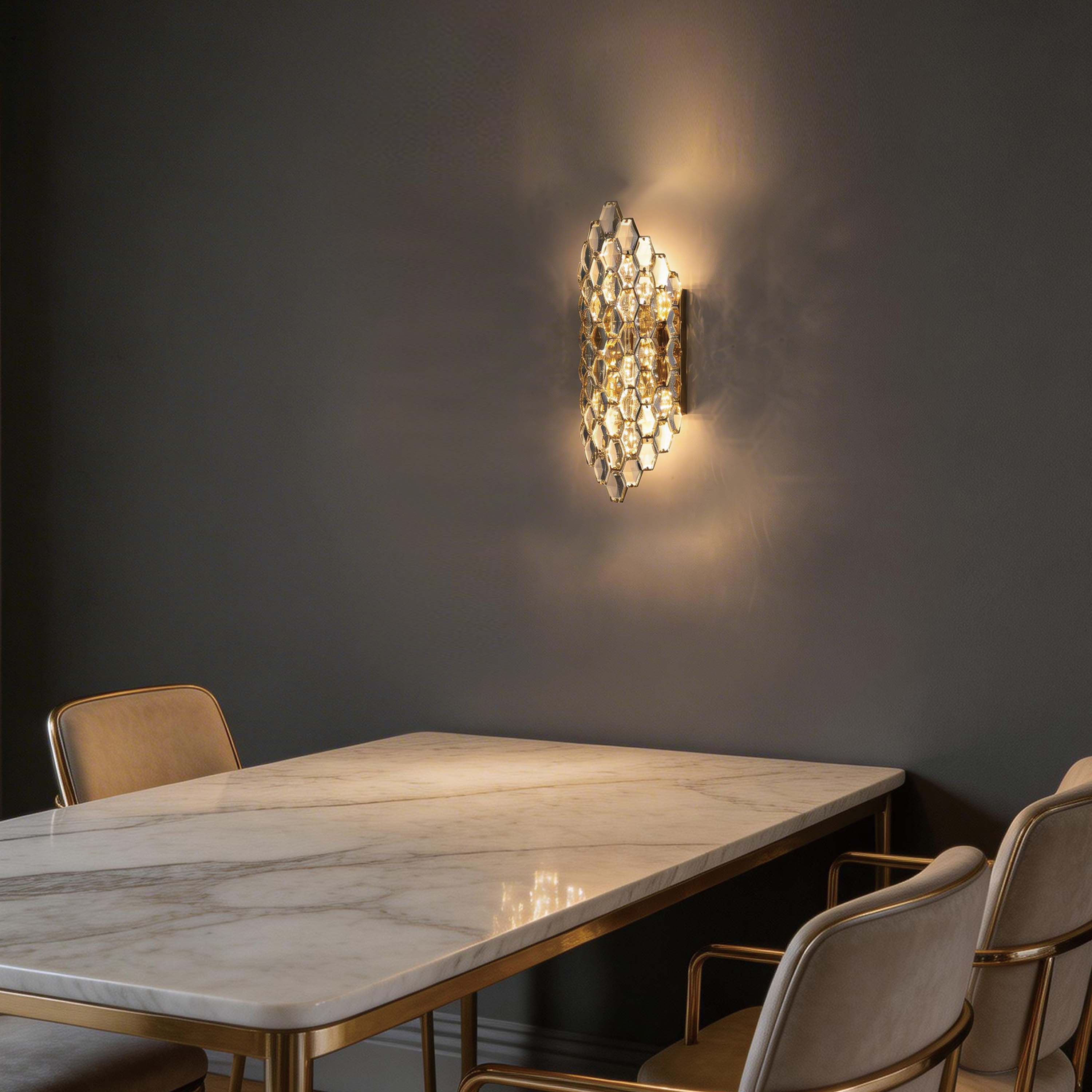 Premium Gold Shield Crystal Wall Sconce, E14 Dimmable