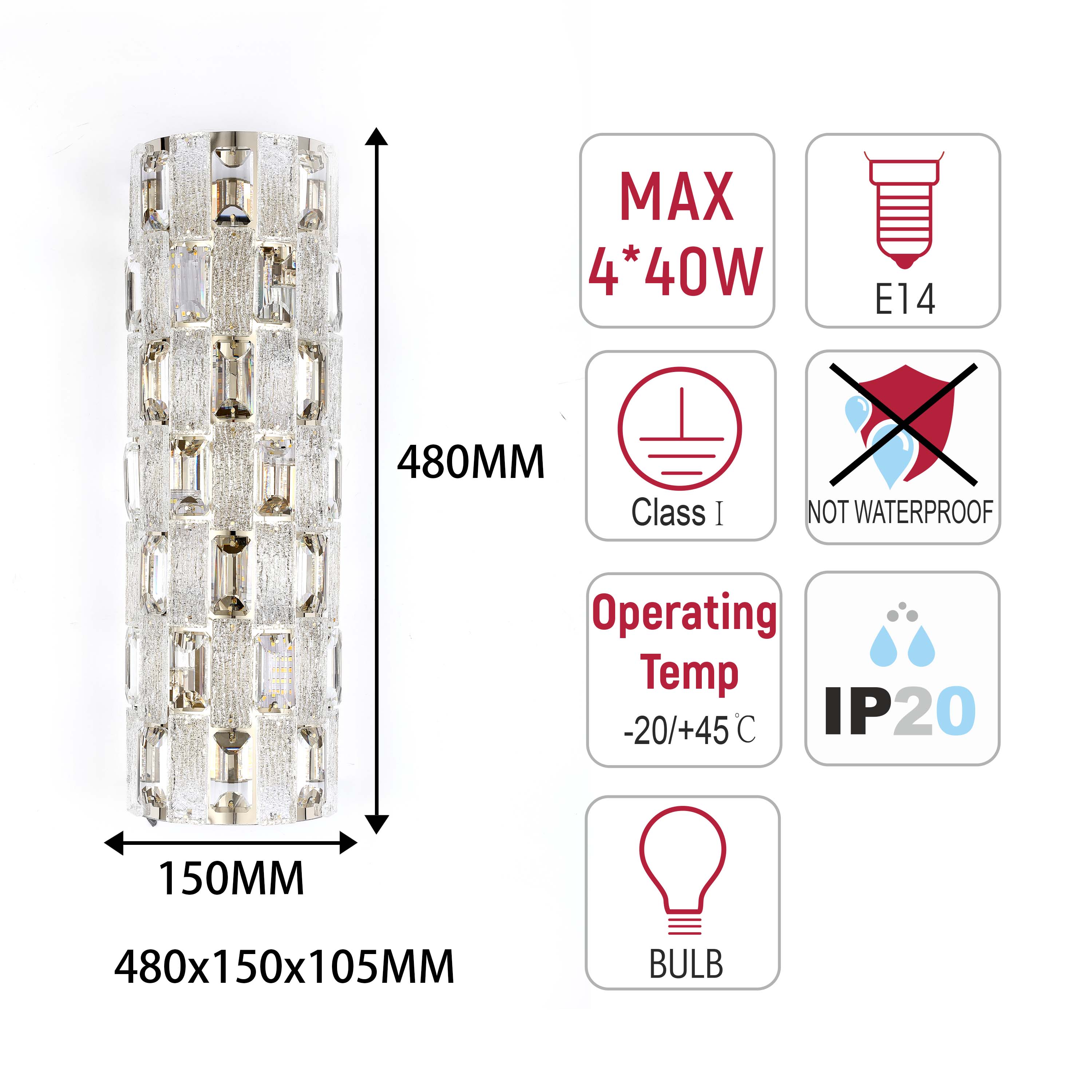 Premium Gold Textured Crystal Wall Sconce, E14 Dimmable