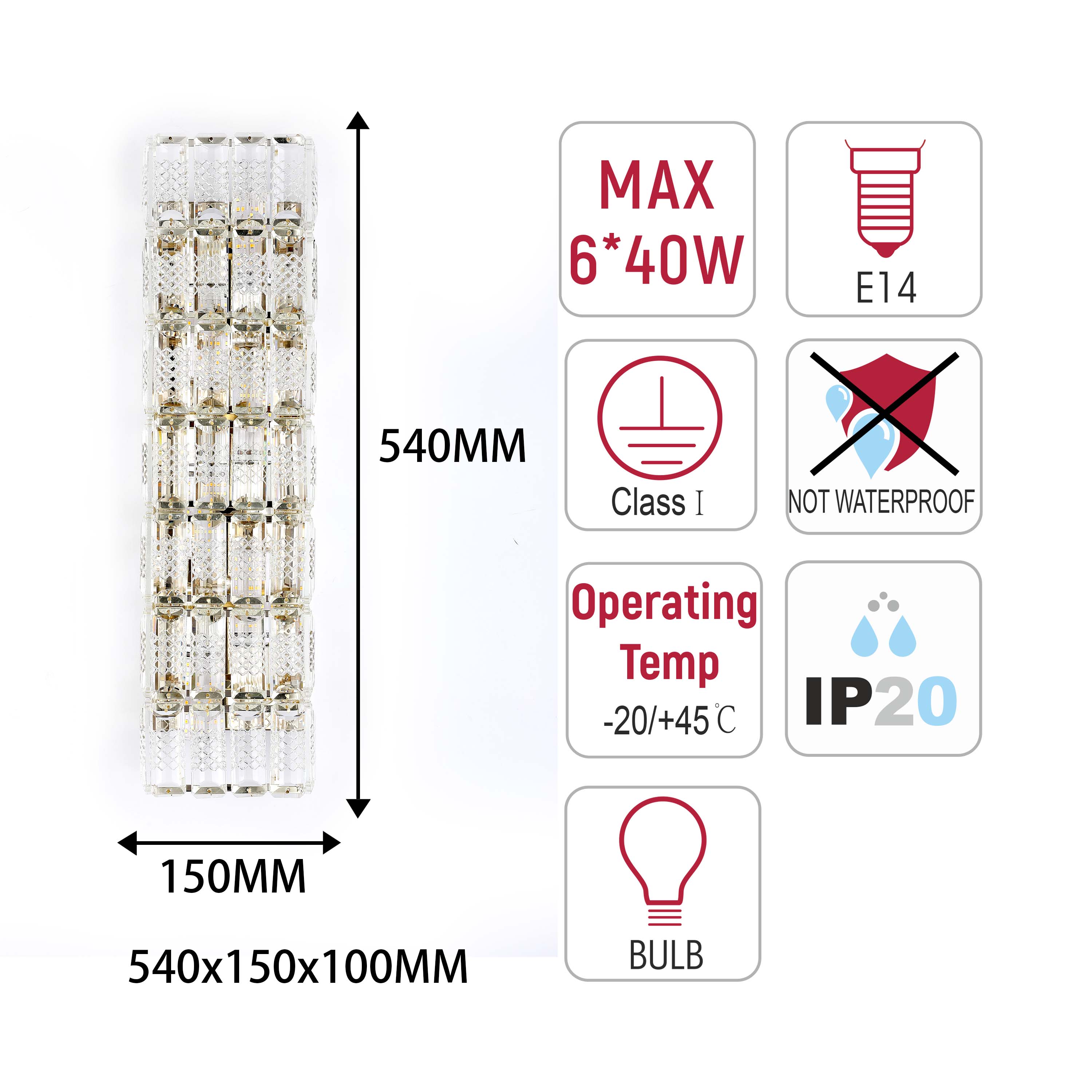 Premium Gold Textured Crystal Wall Sconce, E14 Dimmable