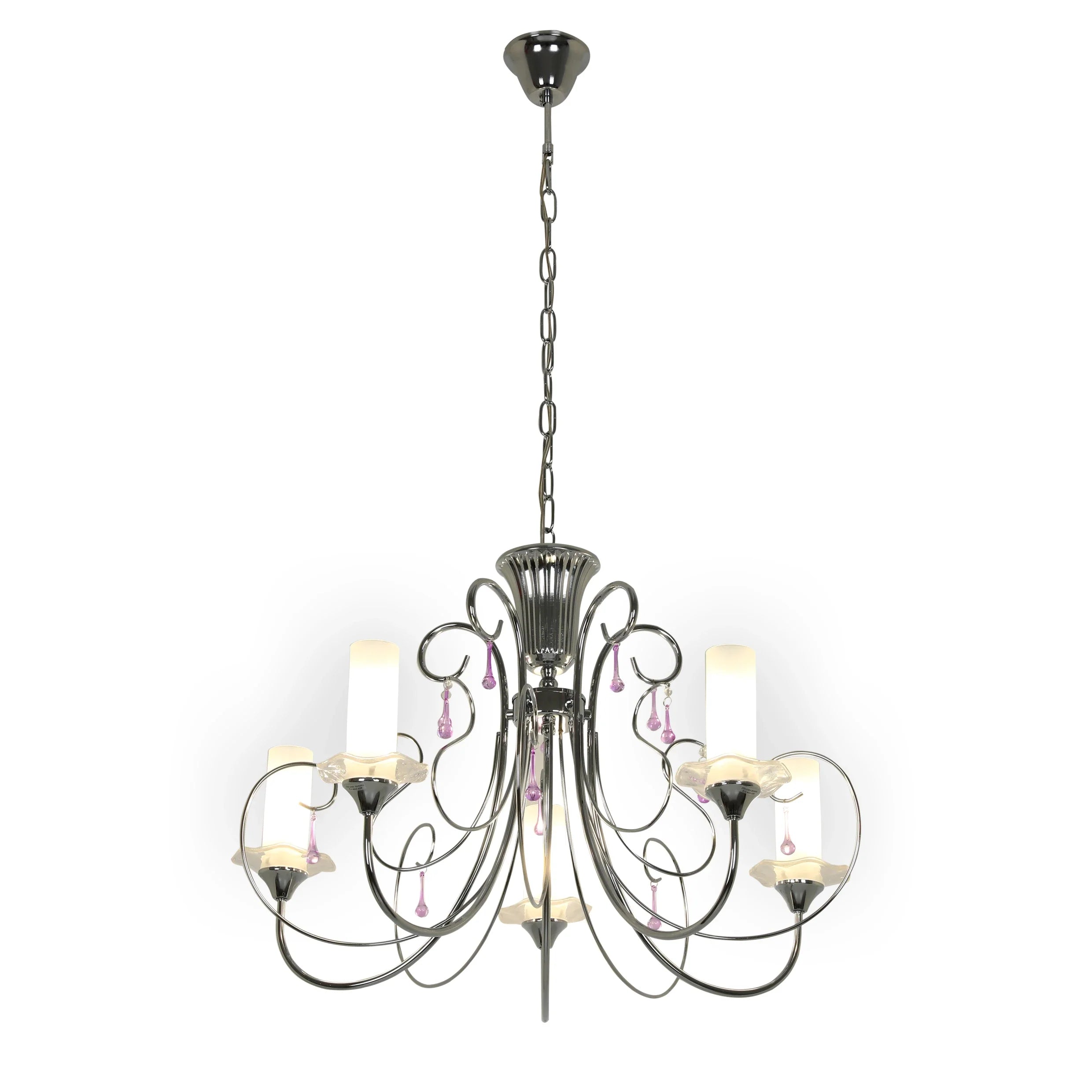 Opal Cylinder Glass Chrome Candle Metal Arm Ceiling Chandelier Light E14