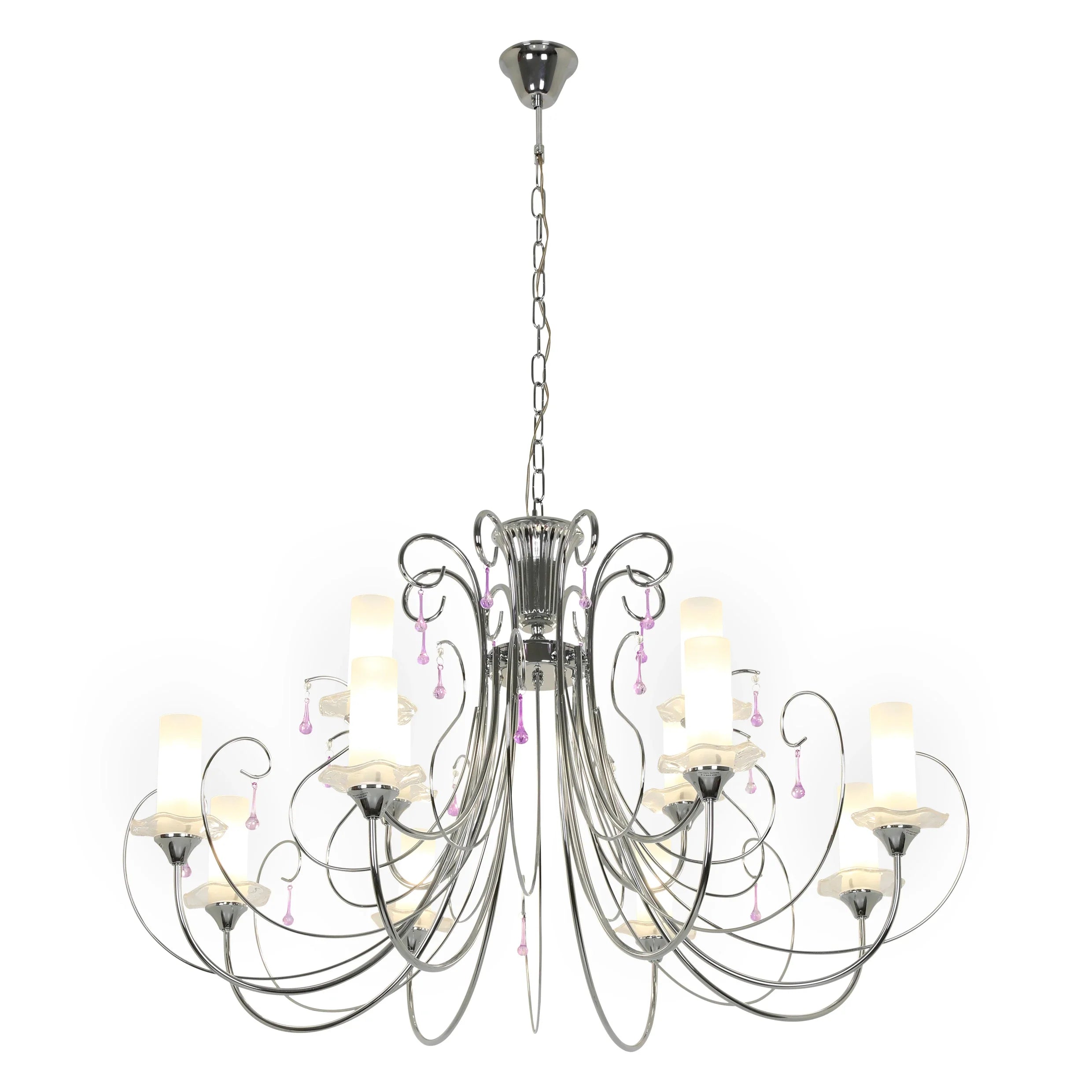 Opal Cylinder Glass Chrome Candle Metal Arm Ceiling Chandelier Light E14