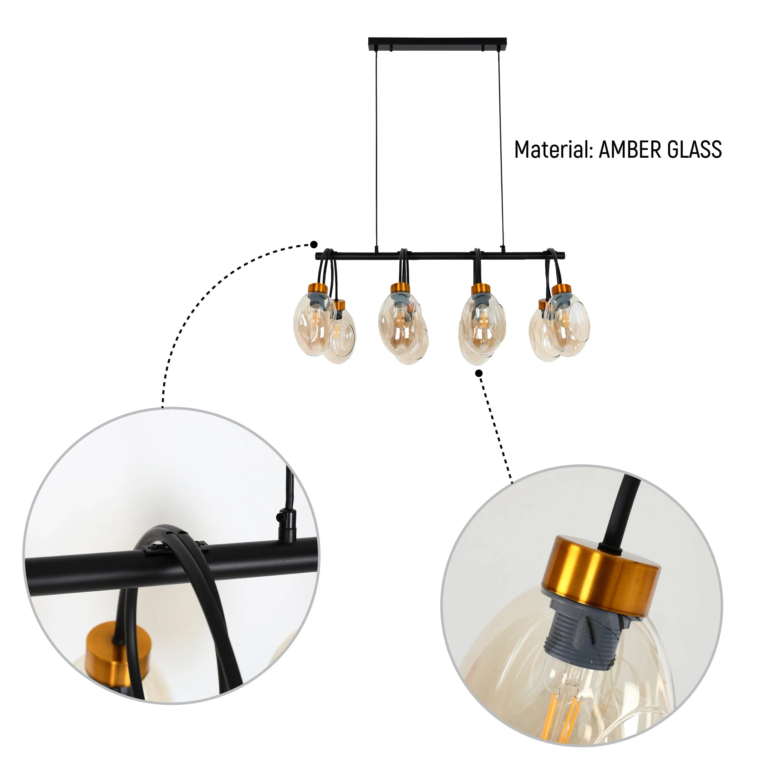 Amber Glass Black Metal Island Chandelier Ceiling Light 8xE27