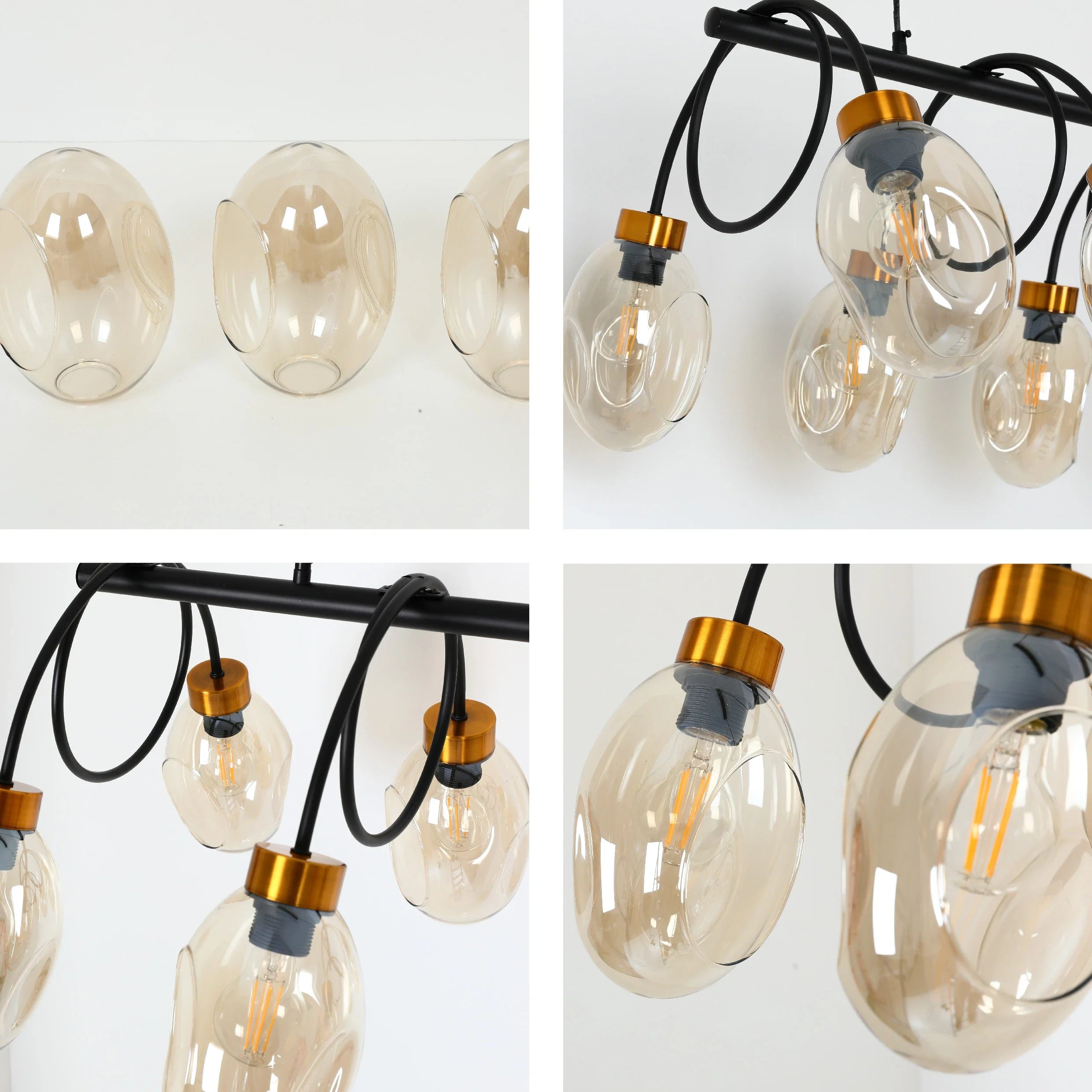 Amber Glass Black Metal Island Chandelier Ceiling Light 8xE27