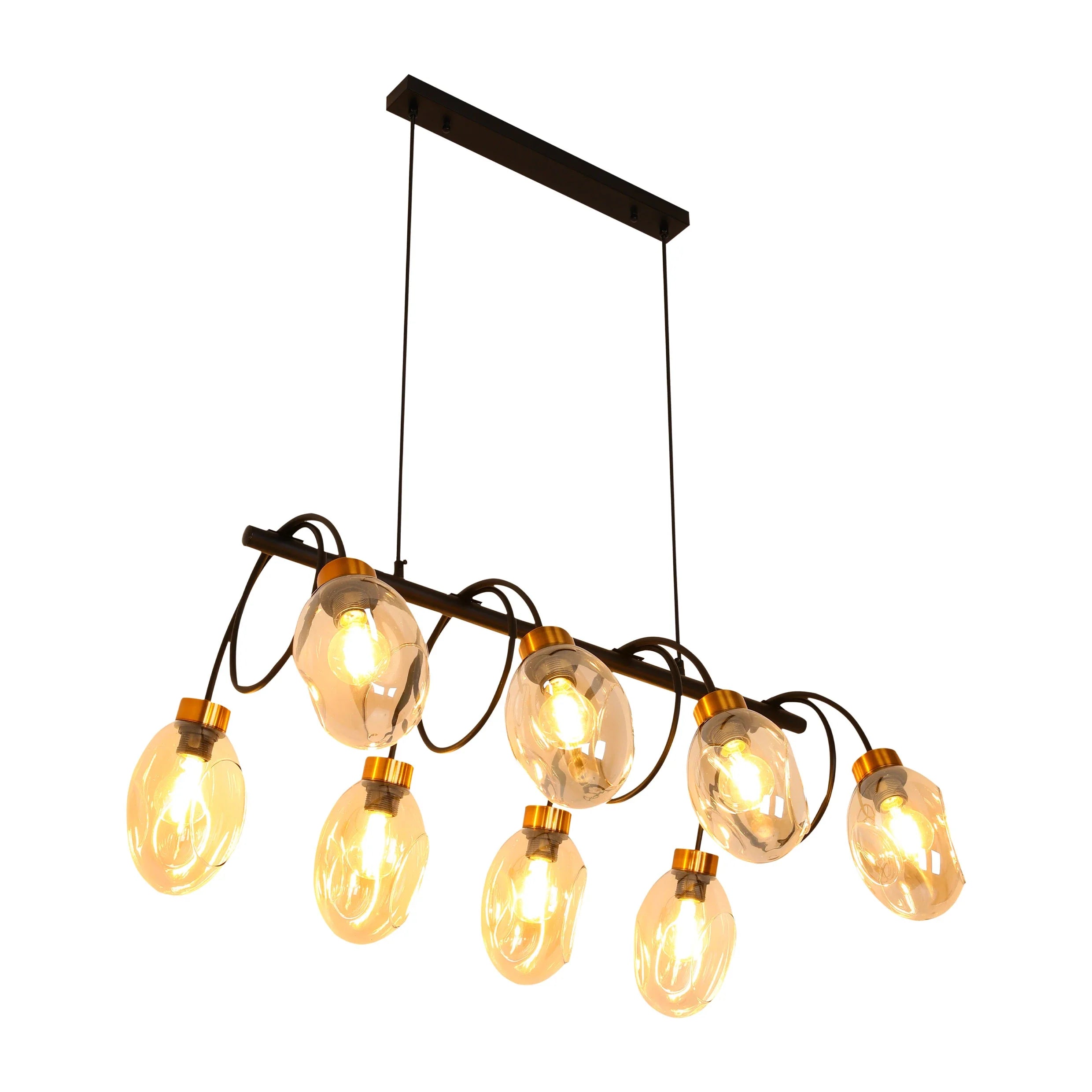 Amber Glass Black Metal Island Chandelier Ceiling Light 8xE27