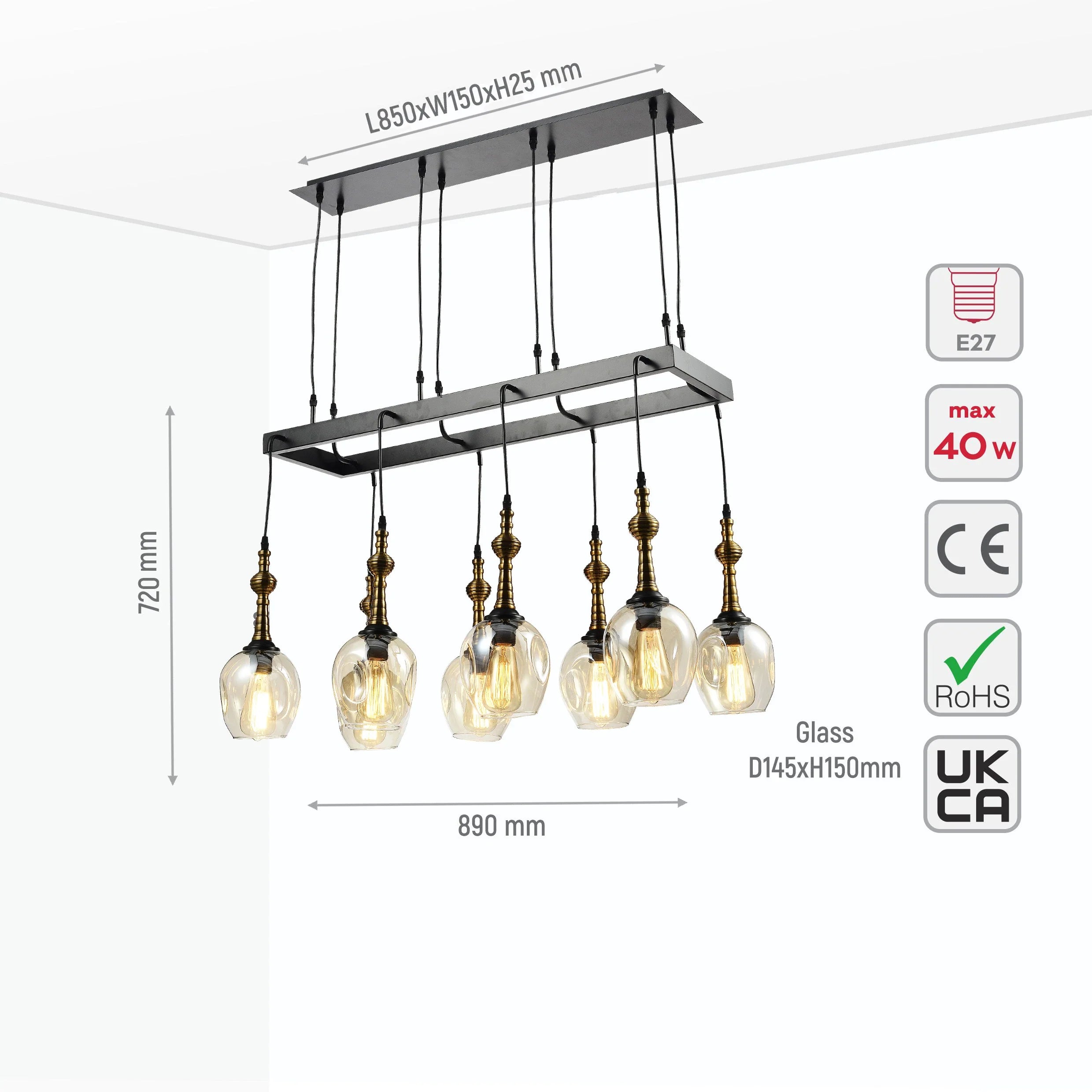 Amber Cone Glass Black Metal Island Ceiling Chandelier Light 8xE27
