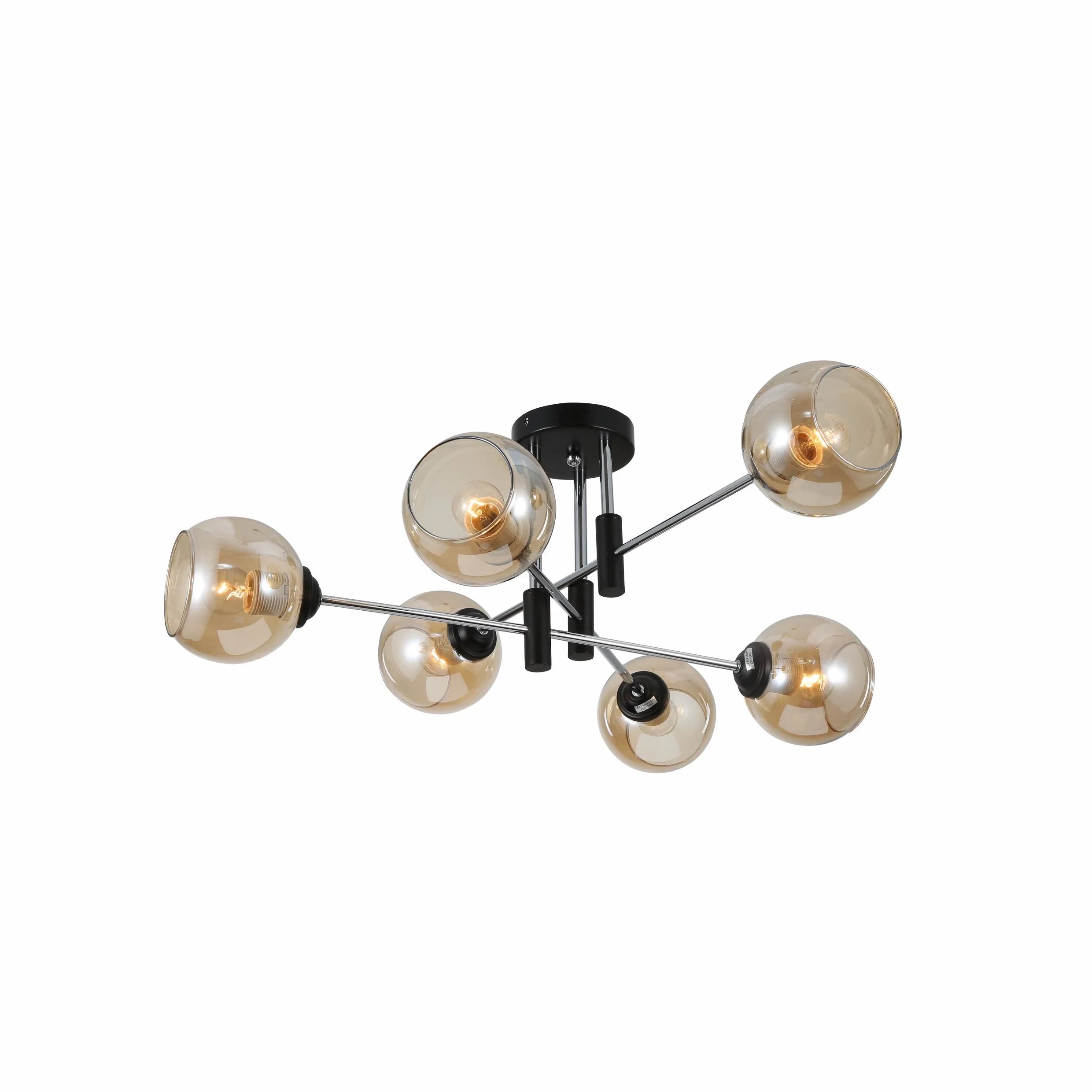 Amber Glass Globe Chrome and Black Metal Semi Flush Ceiling Light E27