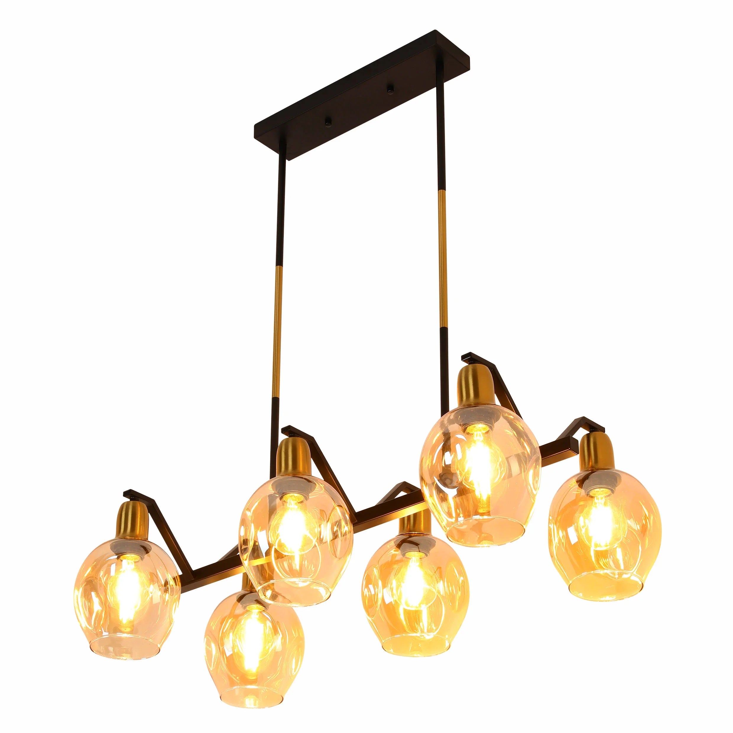 Amber Cone Glass Black Gold Metal Body Island Chandelier Ceiling Light 6xE27 Fitting