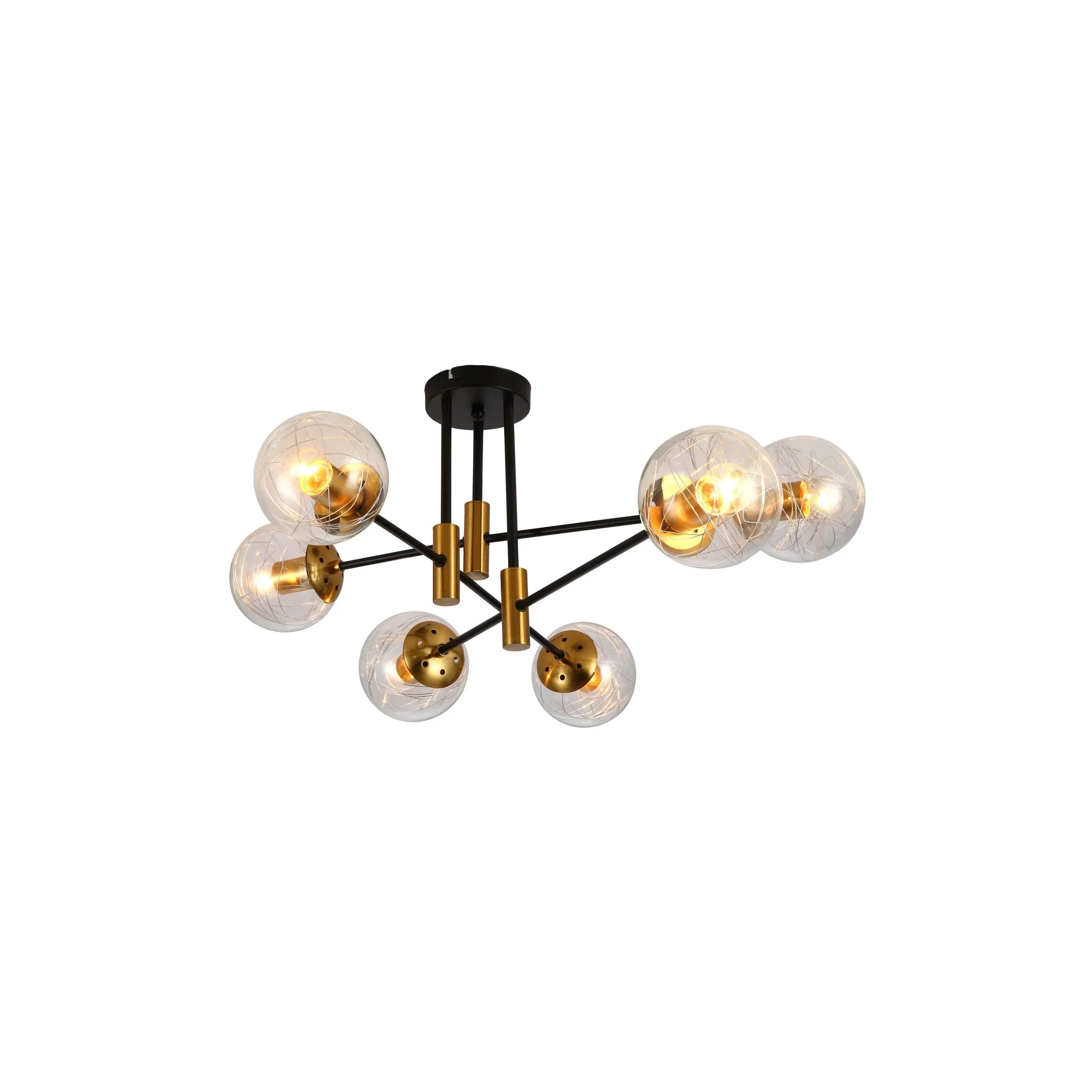 Opal Clear Amber Glass Globe Gold and Black Metal Semi Flush Ceiling Light E27