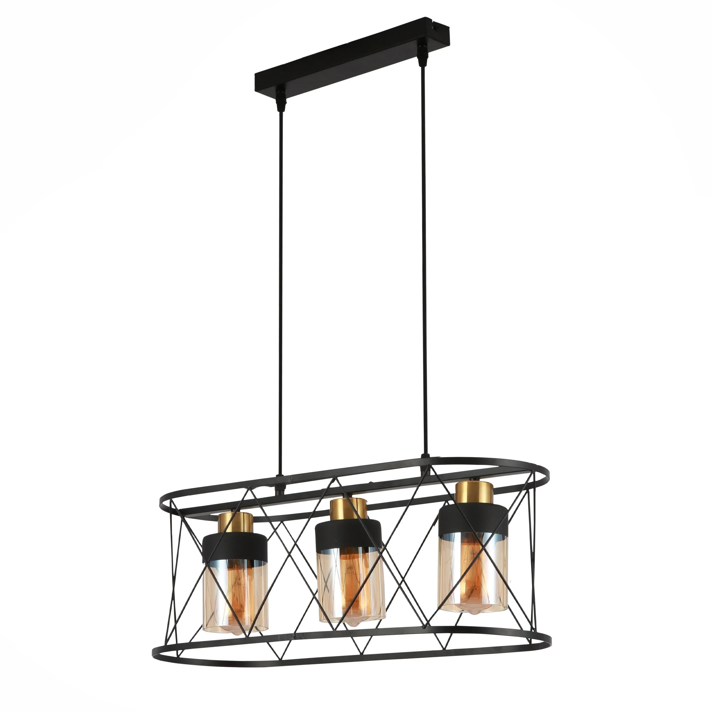 Black Cage Metal Amber Cylinder Glass Island Chandelier Ceiling Light 3xE27s