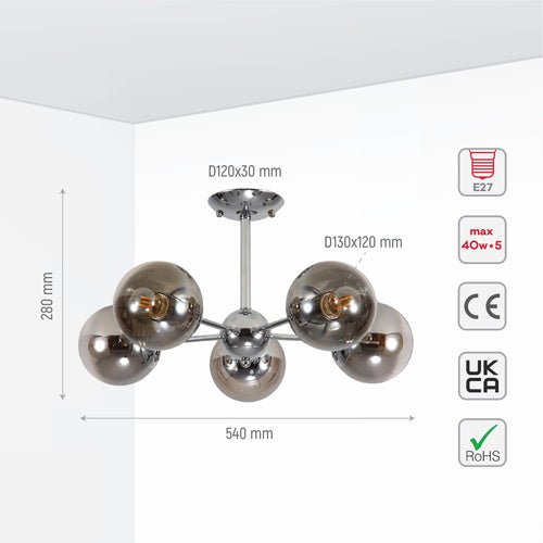 Size and specs of Smoky Globe Glass Chrome Metal Body Sputnik Molecule Modern Ceiling Light with E27 Fittings | TEKLED 159-17686