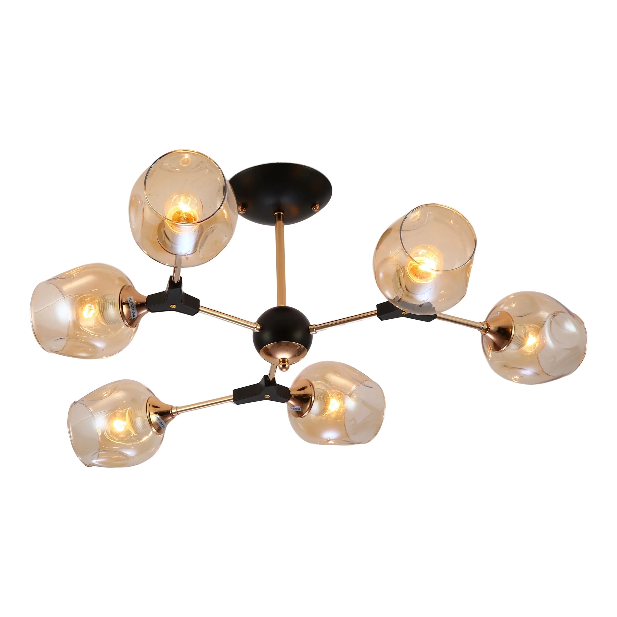 Amber Bell Glass Sputnik Gold Semi Flush Ceiling Light E27
