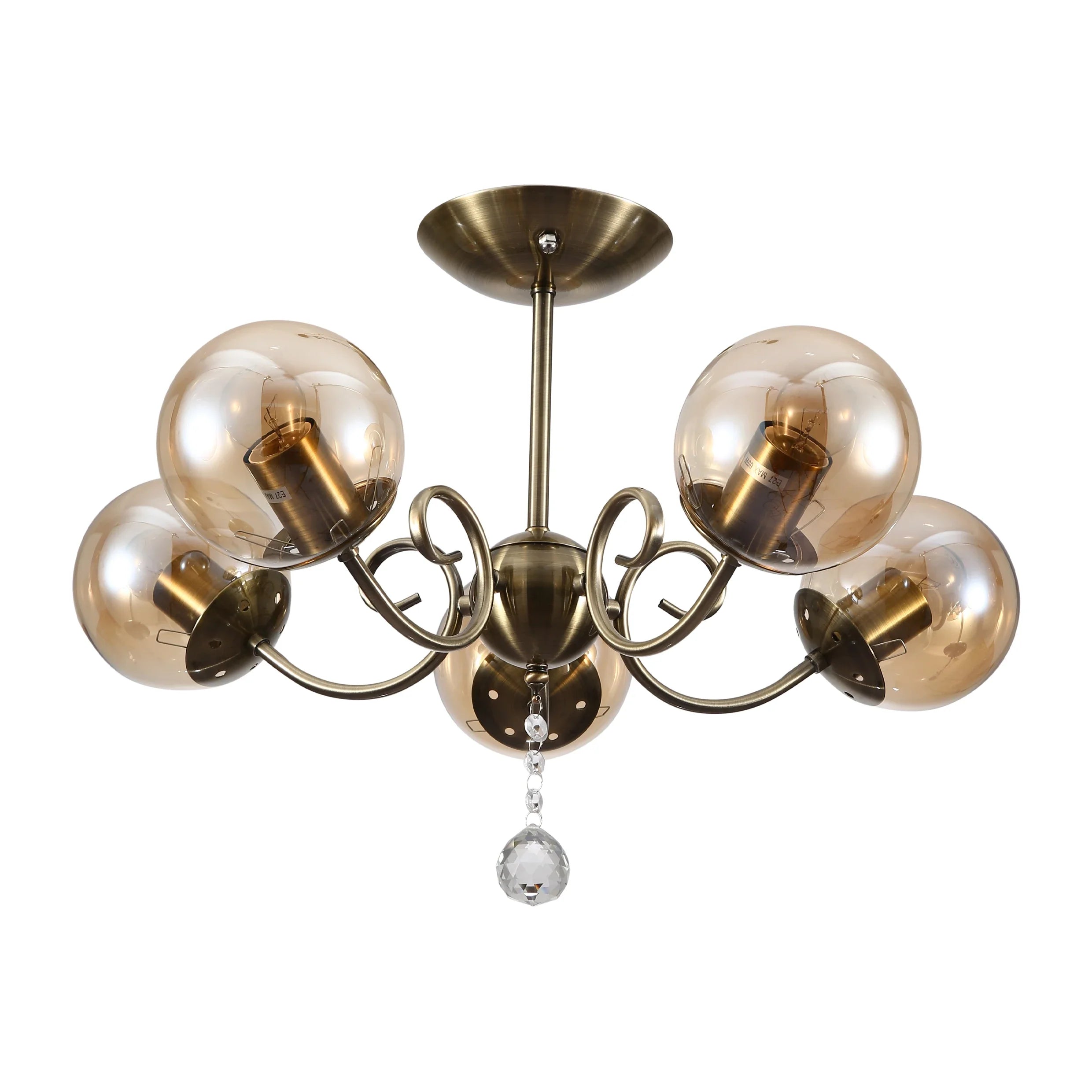 Amber Globe Glass Antique Brass Metal Body Vintage Retro Crystal Ceiling Light E27 Fittings