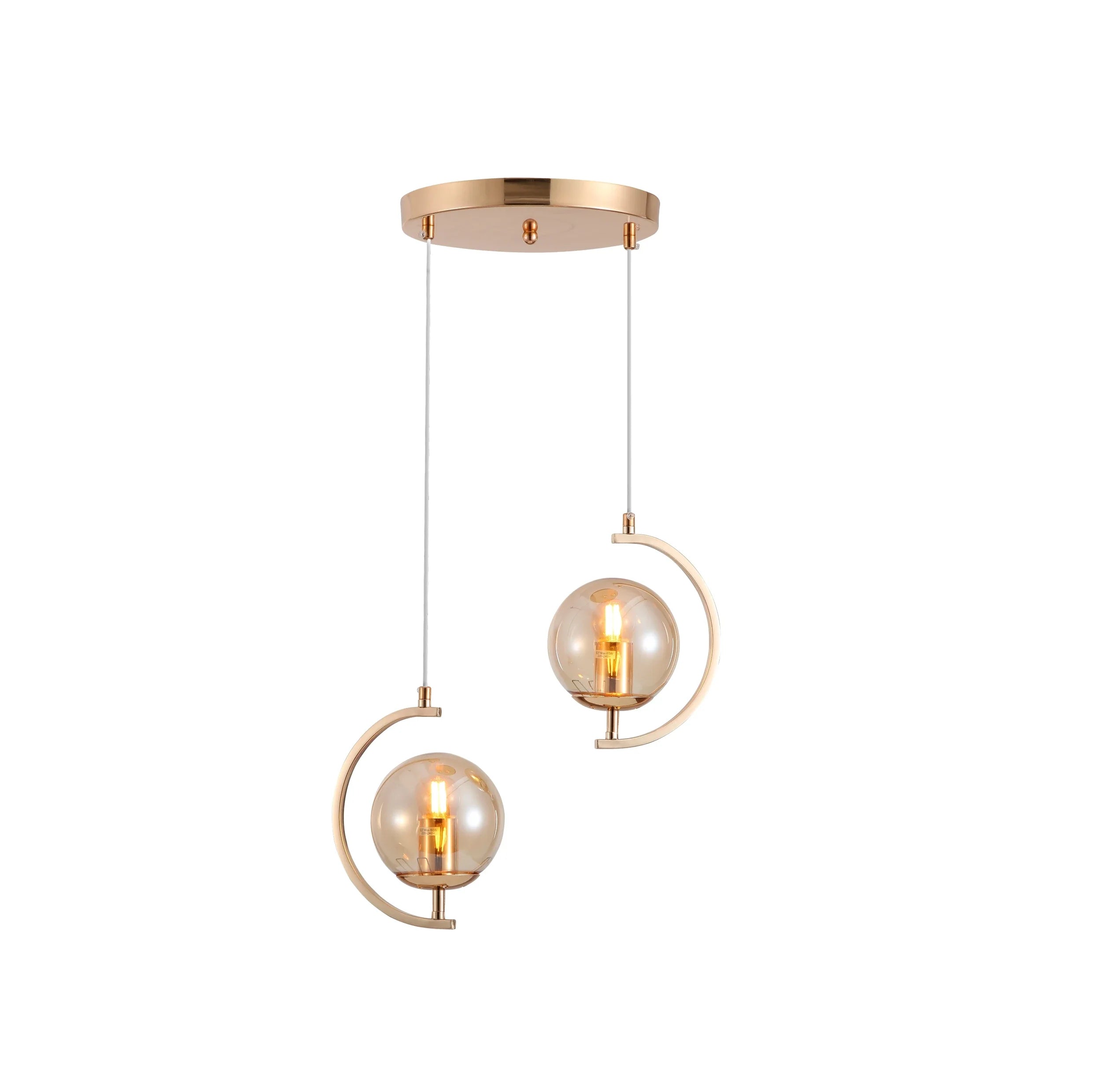Amber or Smoky Glass Globe Crescent Gold or Chrome Metal Modern Ceiling Pendant Light