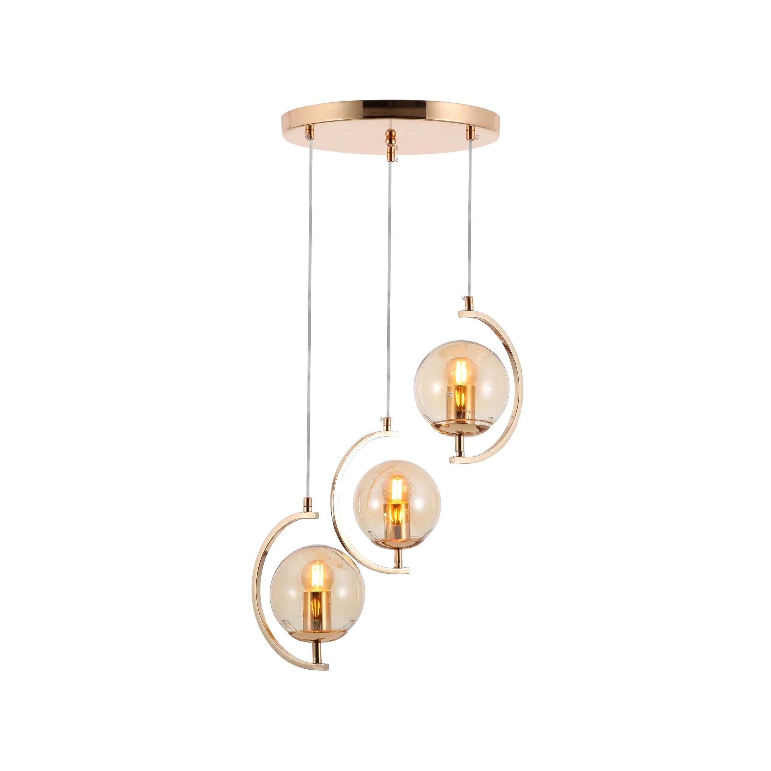 Amber or Smoky Glass Globe Crescent Gold or Chrome Metal Modern Ceiling Pendant Light