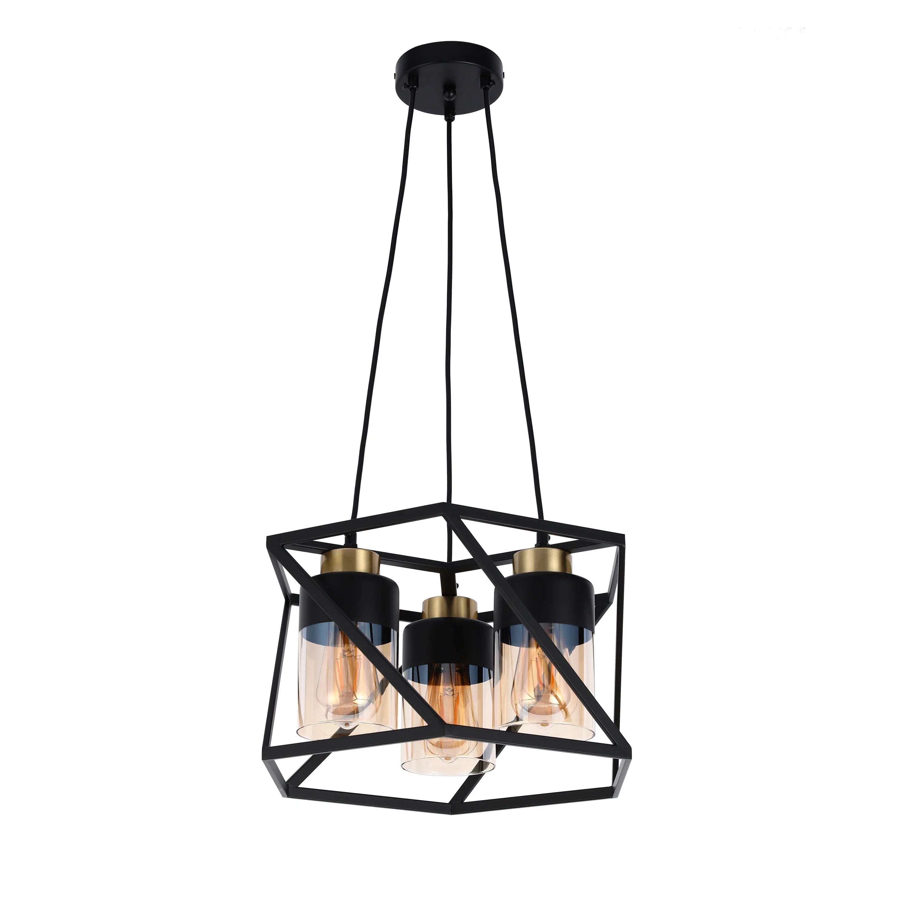 3-Light Black & Gold Pendant Light with Cylinder Amber Glass Shades