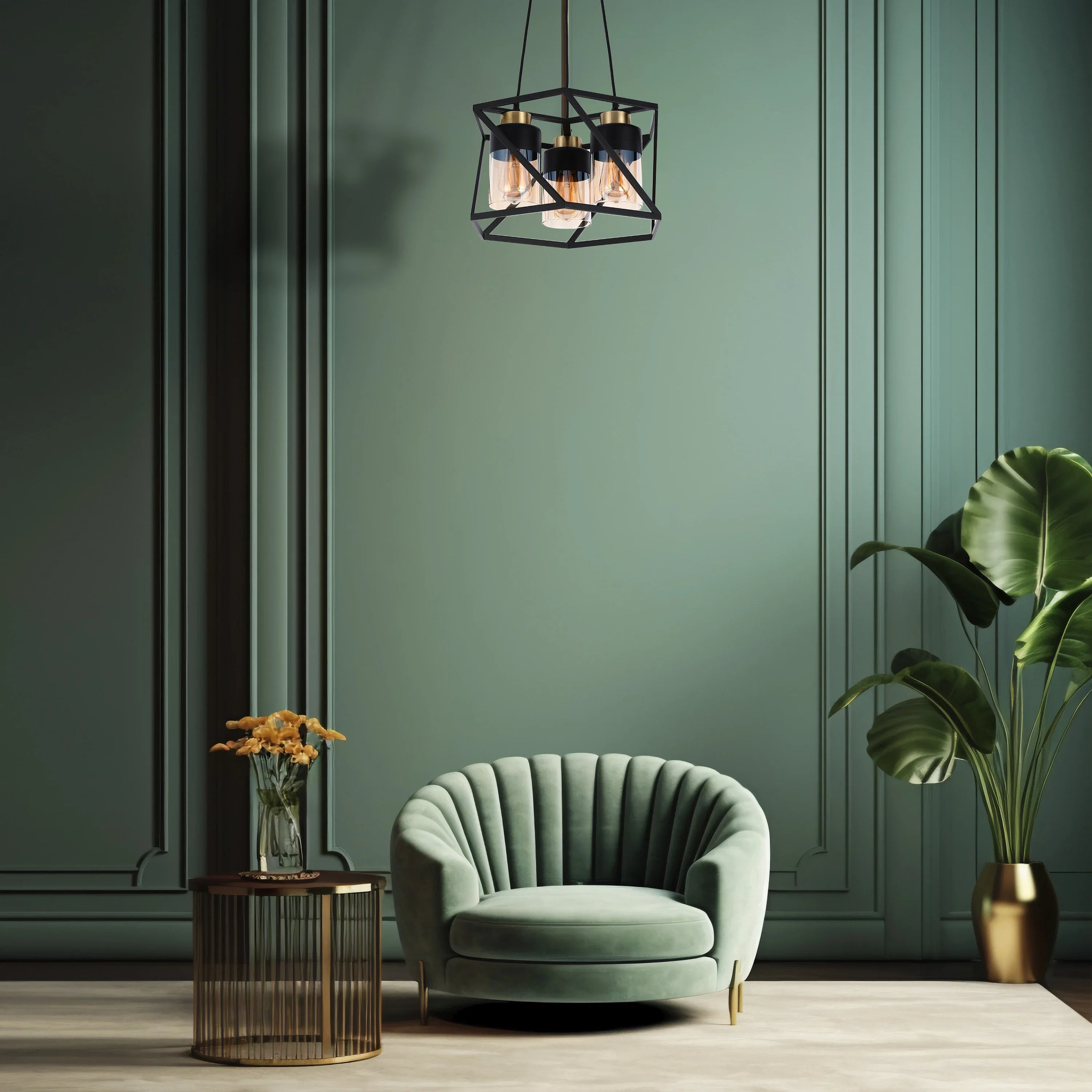 3-Light Black & Gold Pendant Light with Cylinder Amber Glass Shades