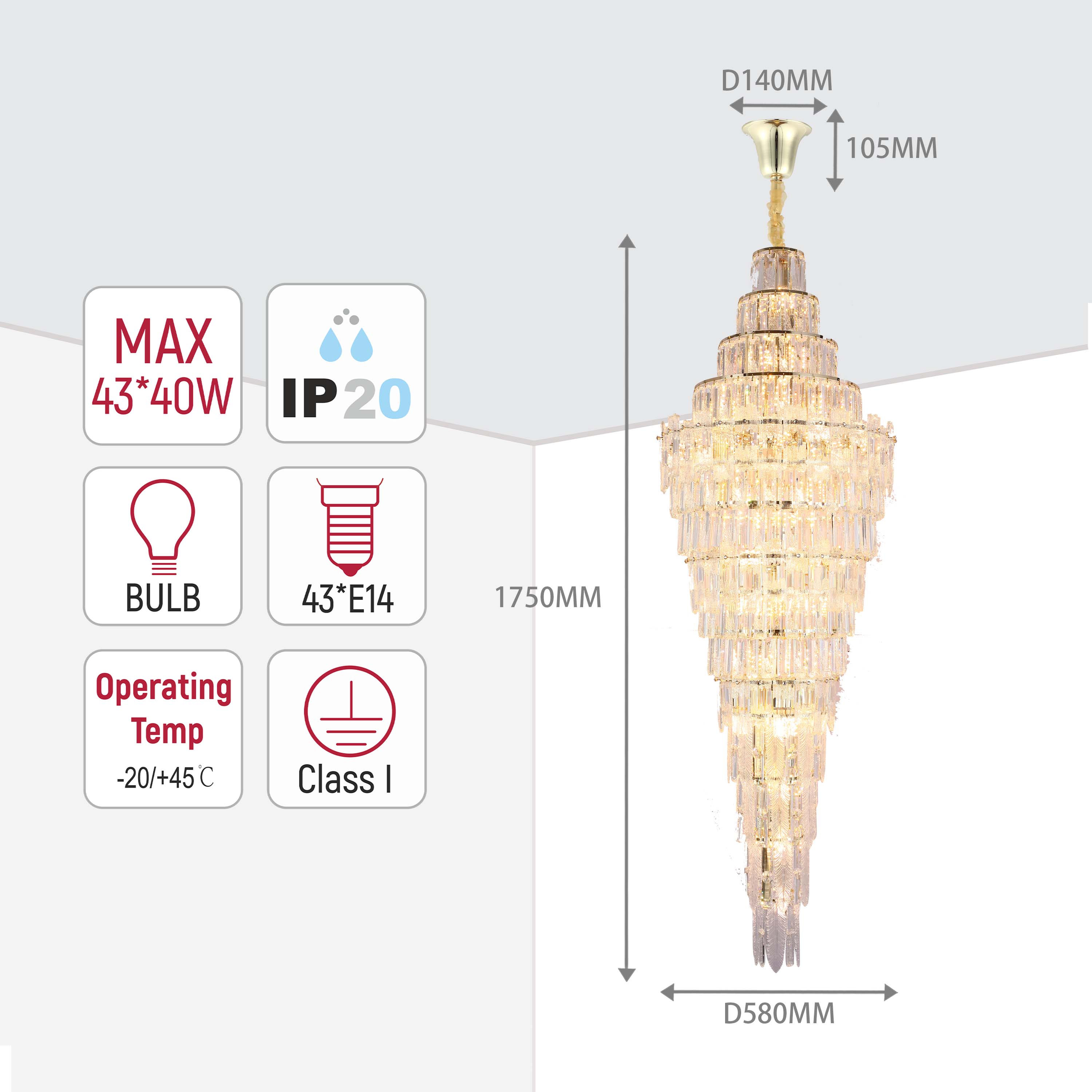 Luxury Gold Crystal Chandelier Dimmable Pendant Light E14
