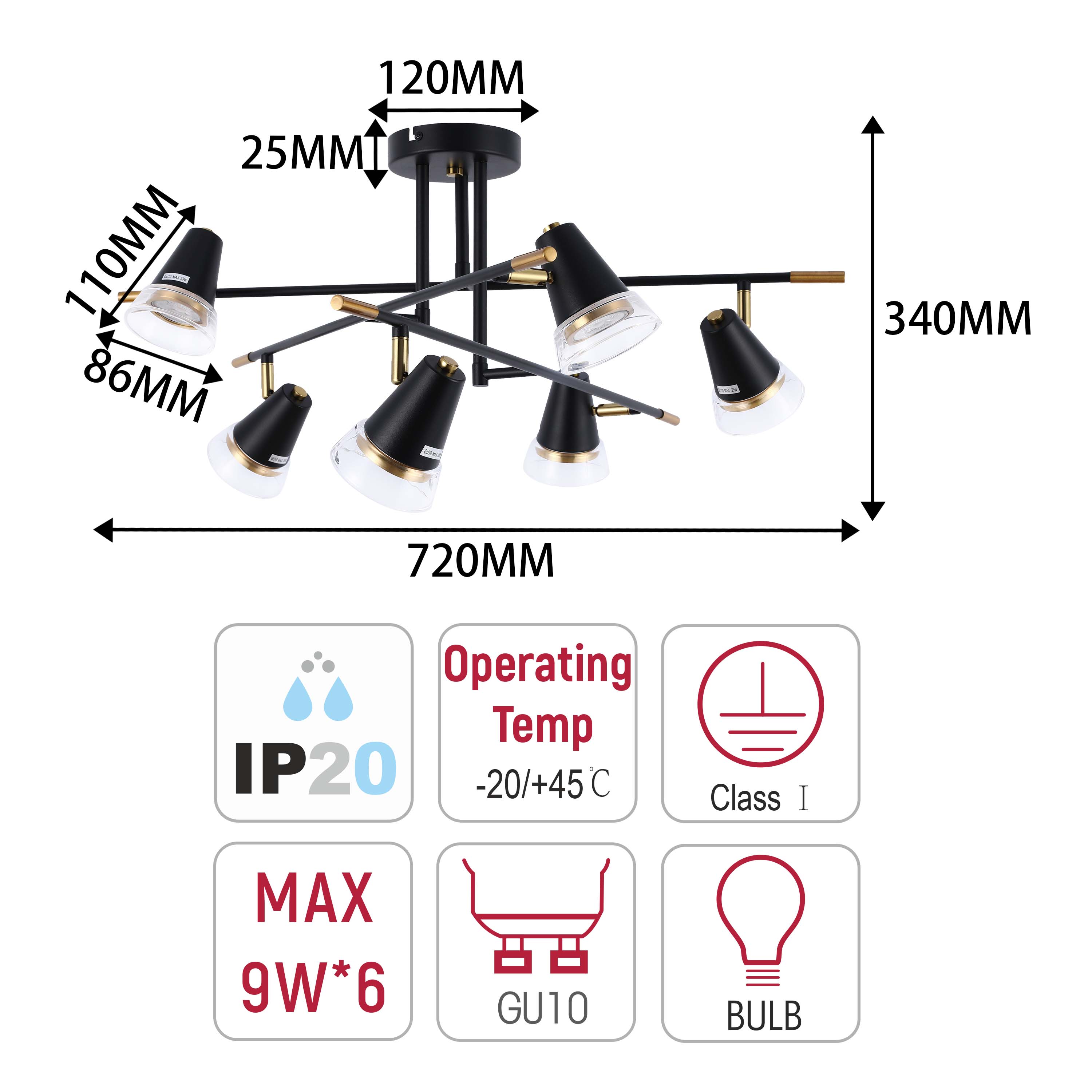 Modern Black & Brass Multi-Arm Spotlight, GU10 Dimmable