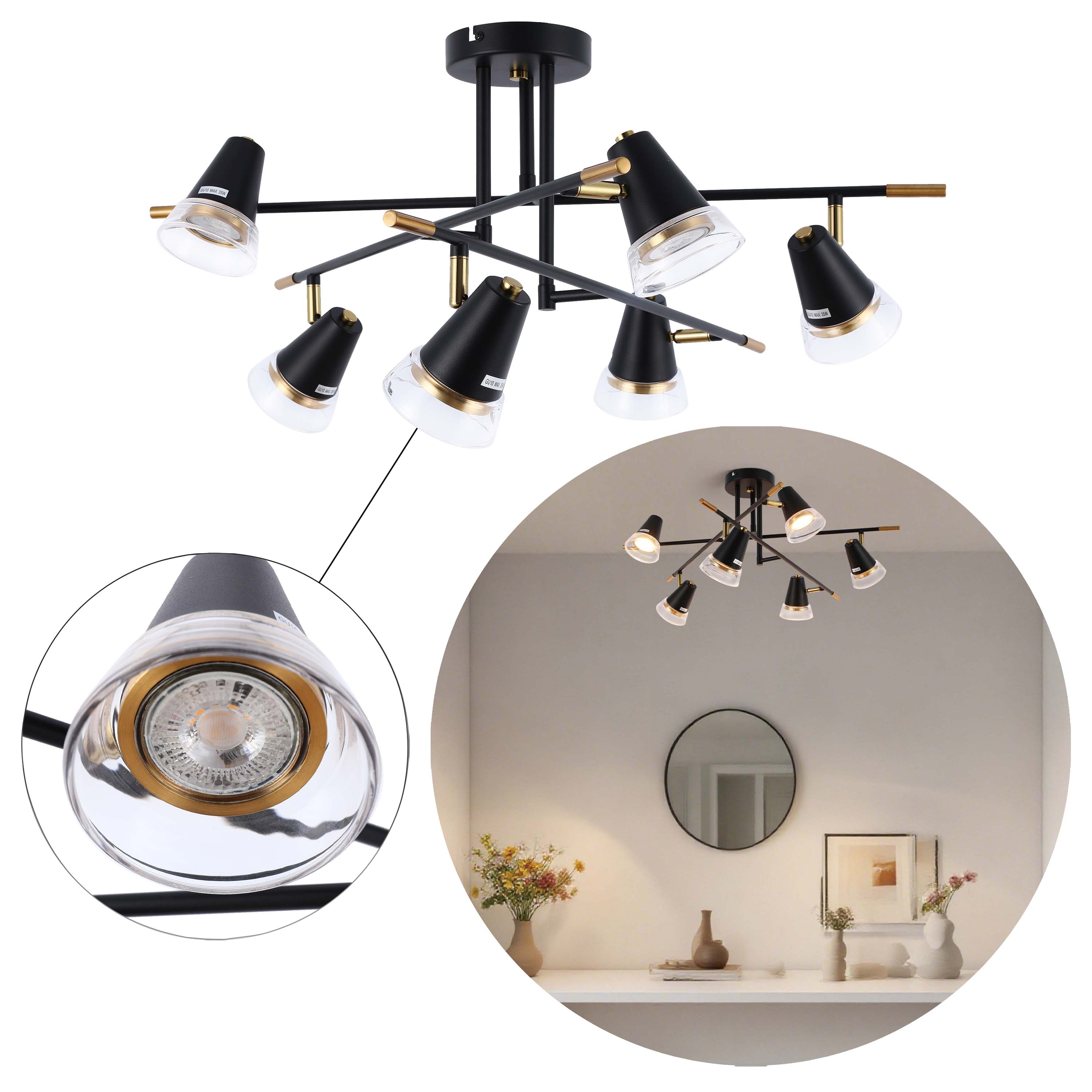 Modern Black & Brass Multi-Arm Spotlight, GU10 Dimmable