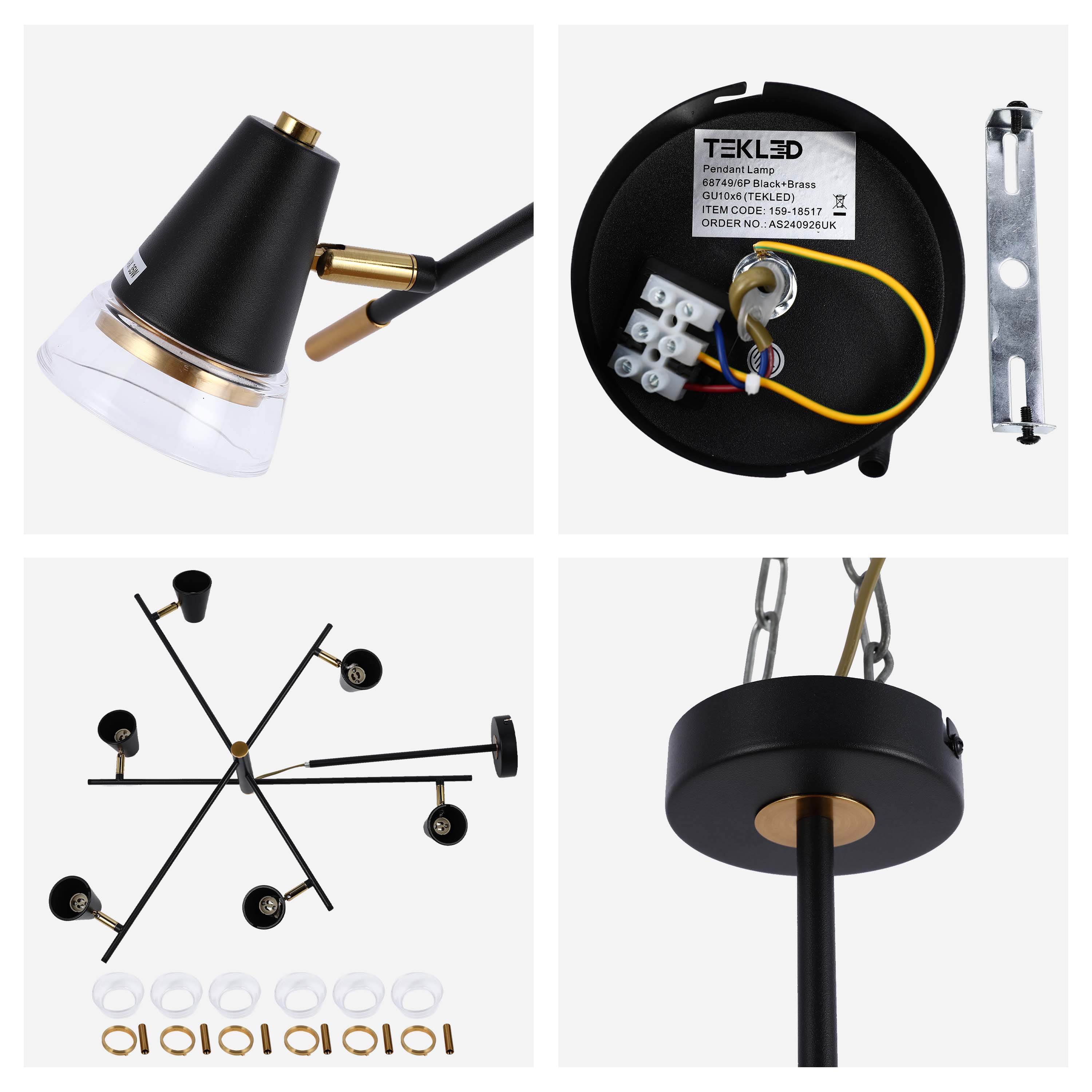 Modern Black & Brass Multi-Arm Spotlight, GU10 Dimmable