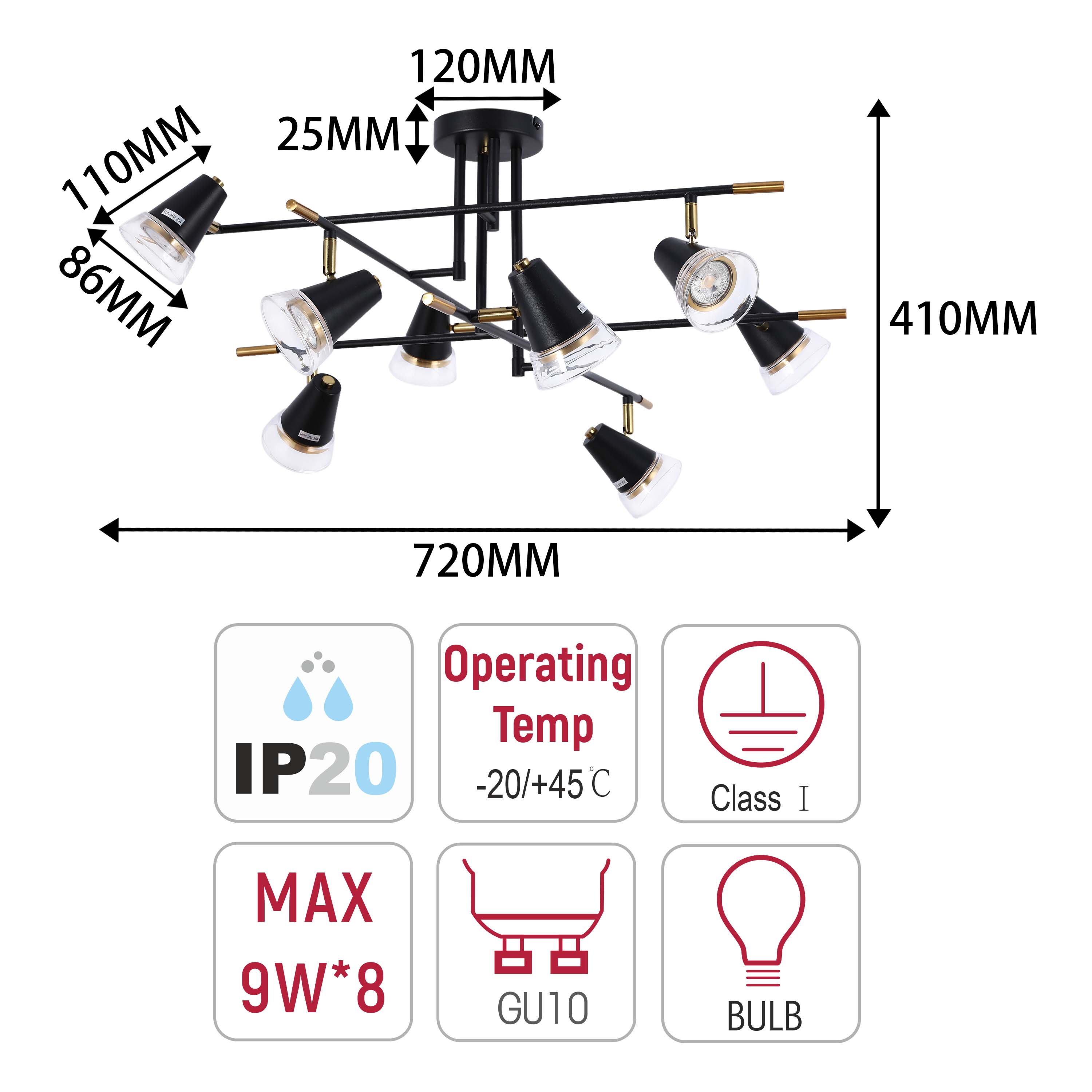 Modern Black & Brass Multi-Arm Spotlight, GU10 Dimmable