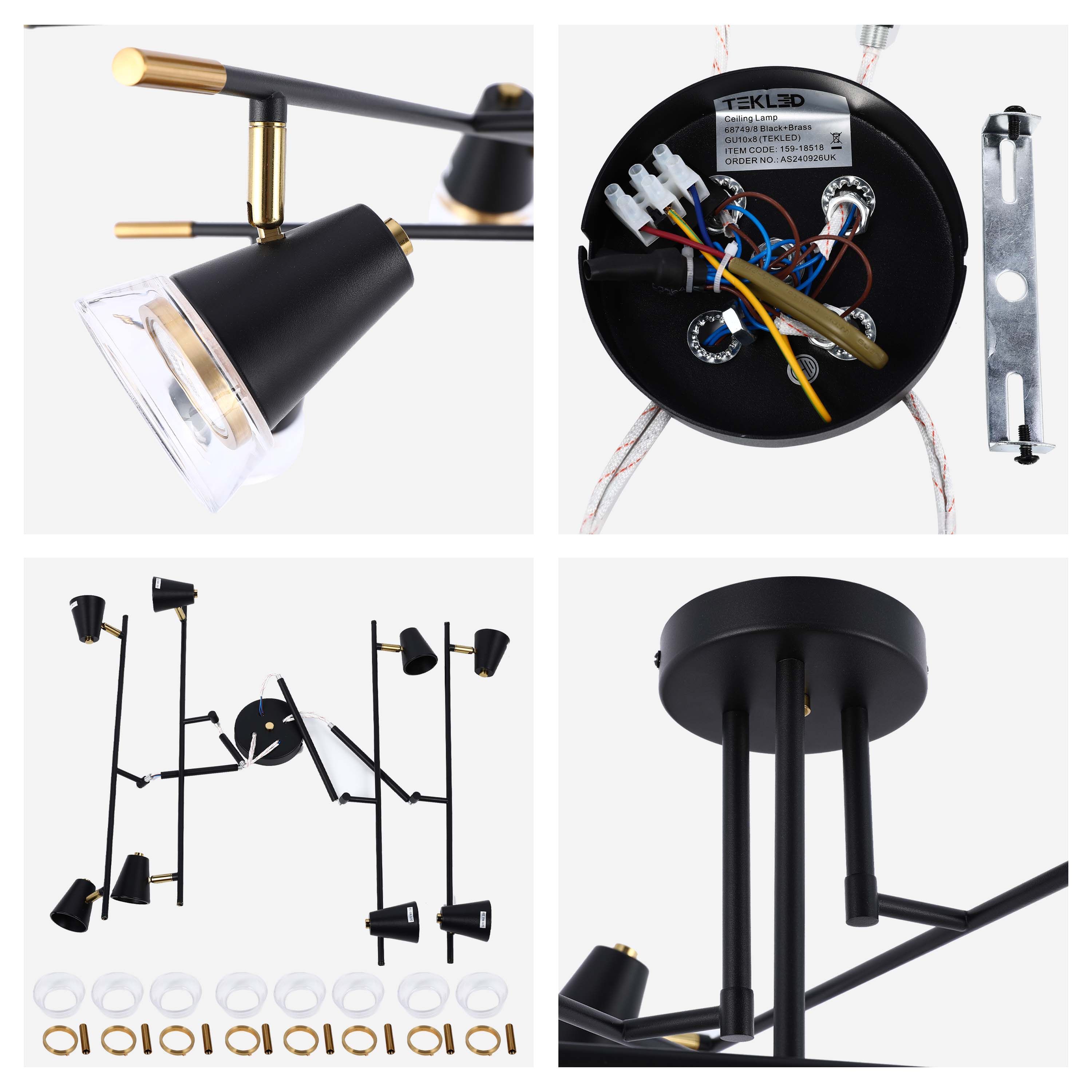 Modern Black & Brass Multi-Arm Spotlight, GU10 Dimmable