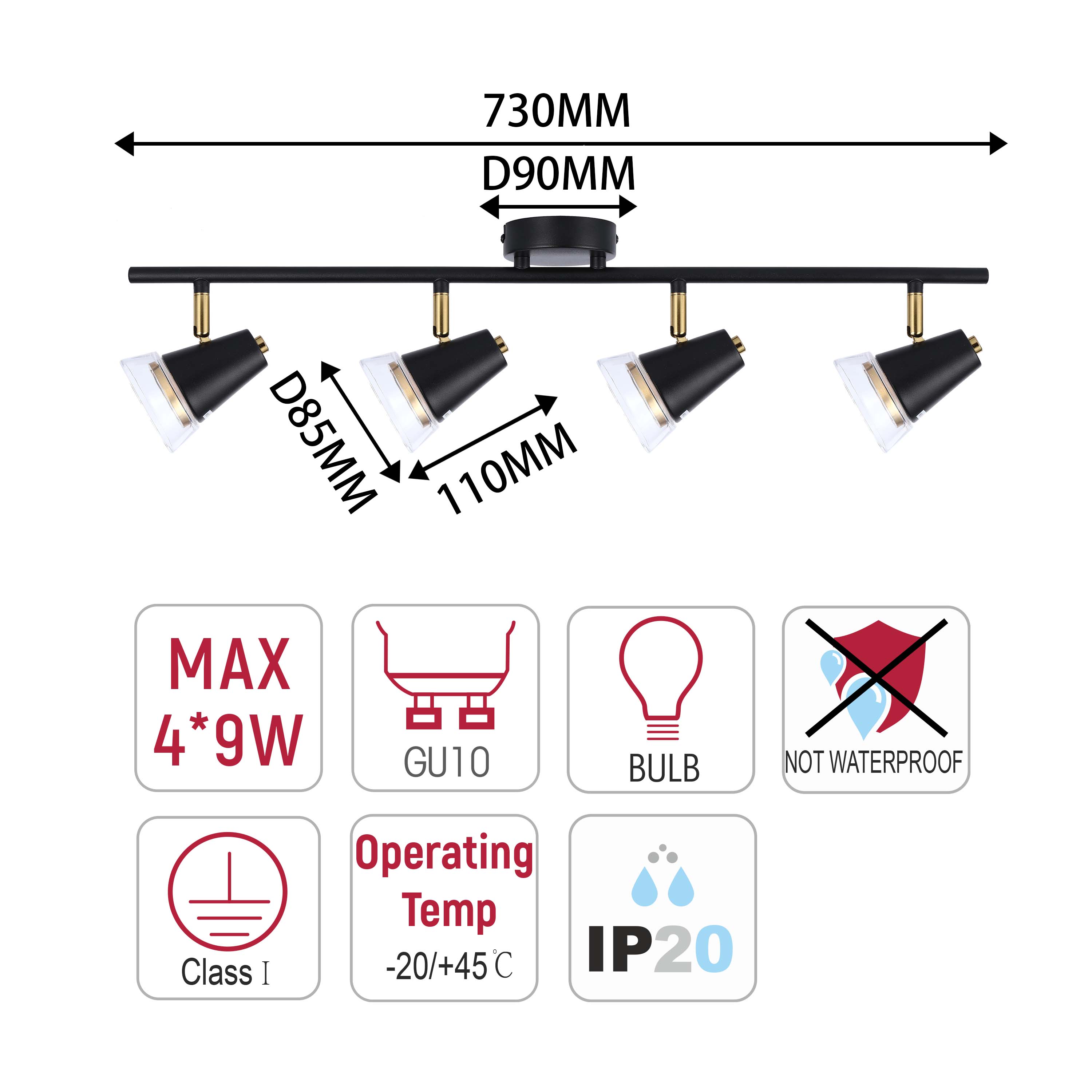 Modern Black & Brass Linear Spotlight Bar, GU10 Dimmable
