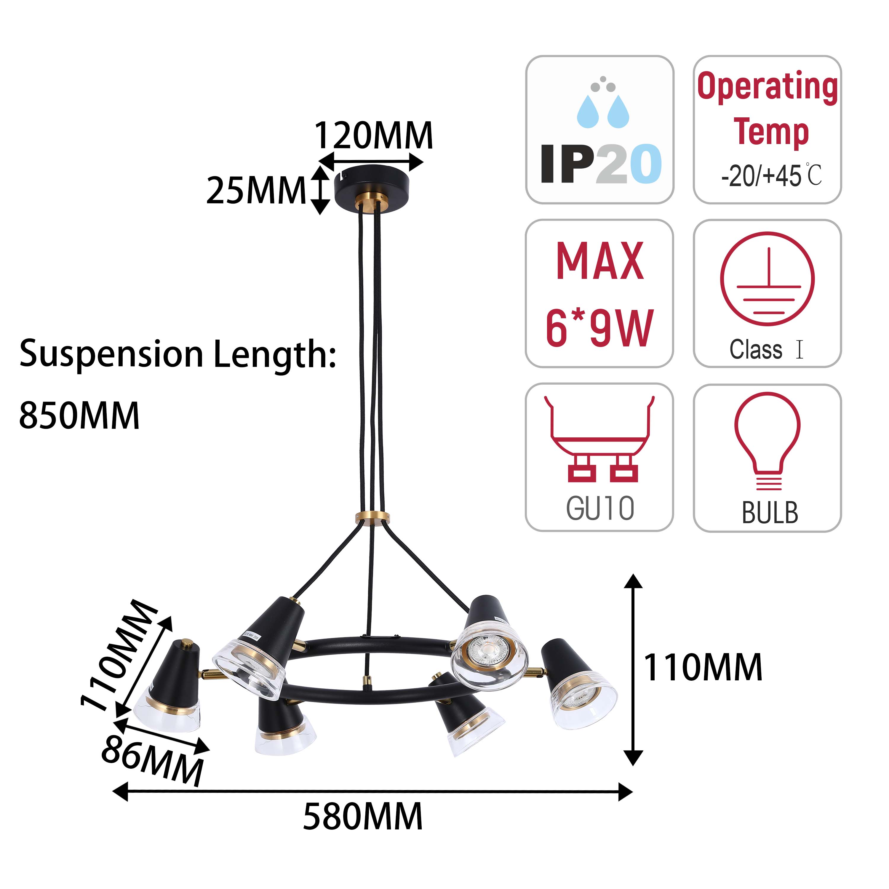Modern Black & Brass Multi-Arm Spotlight, GU10 Dimmable