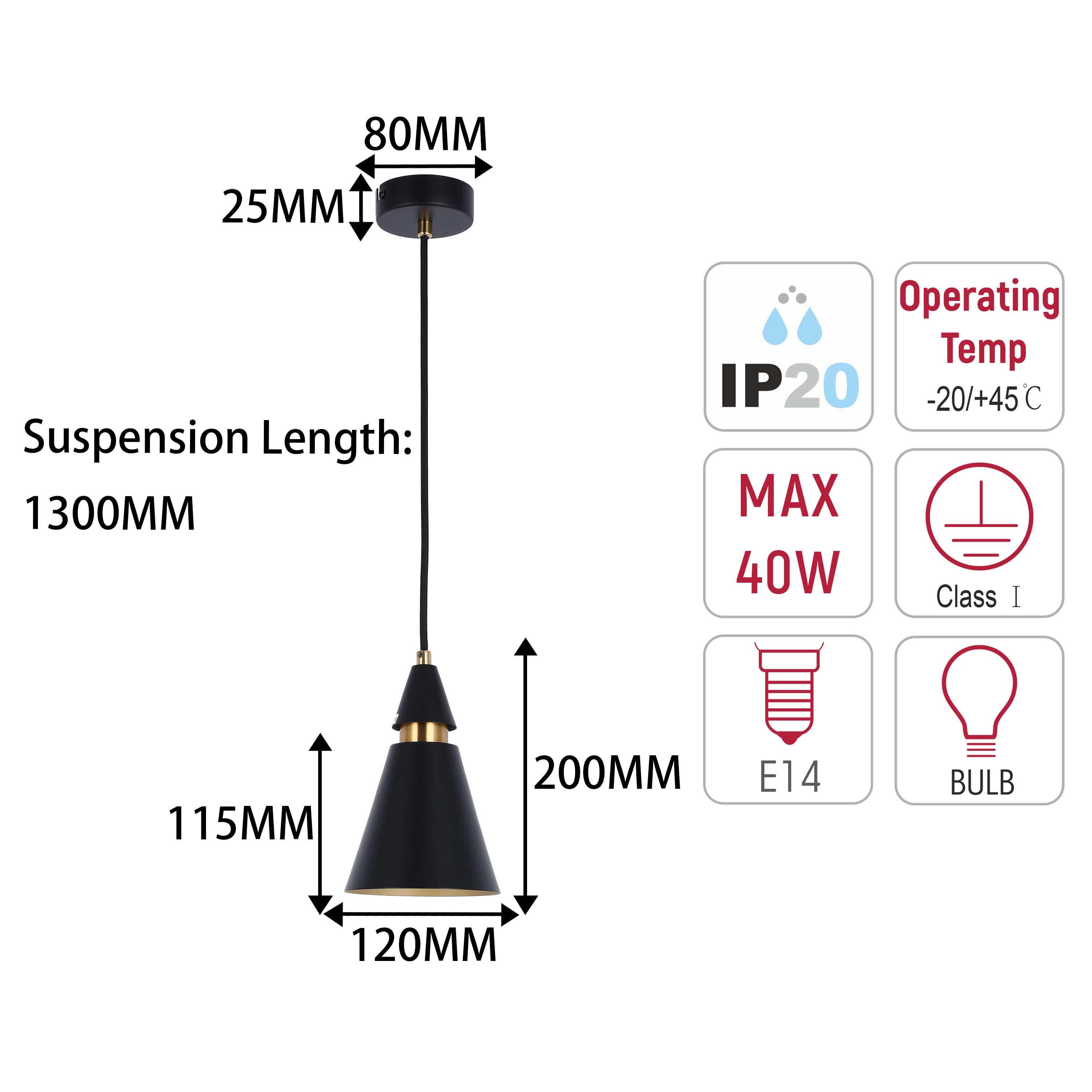 Modern Black & Gold Metal Cone Pendant Light, E14 Dimmable