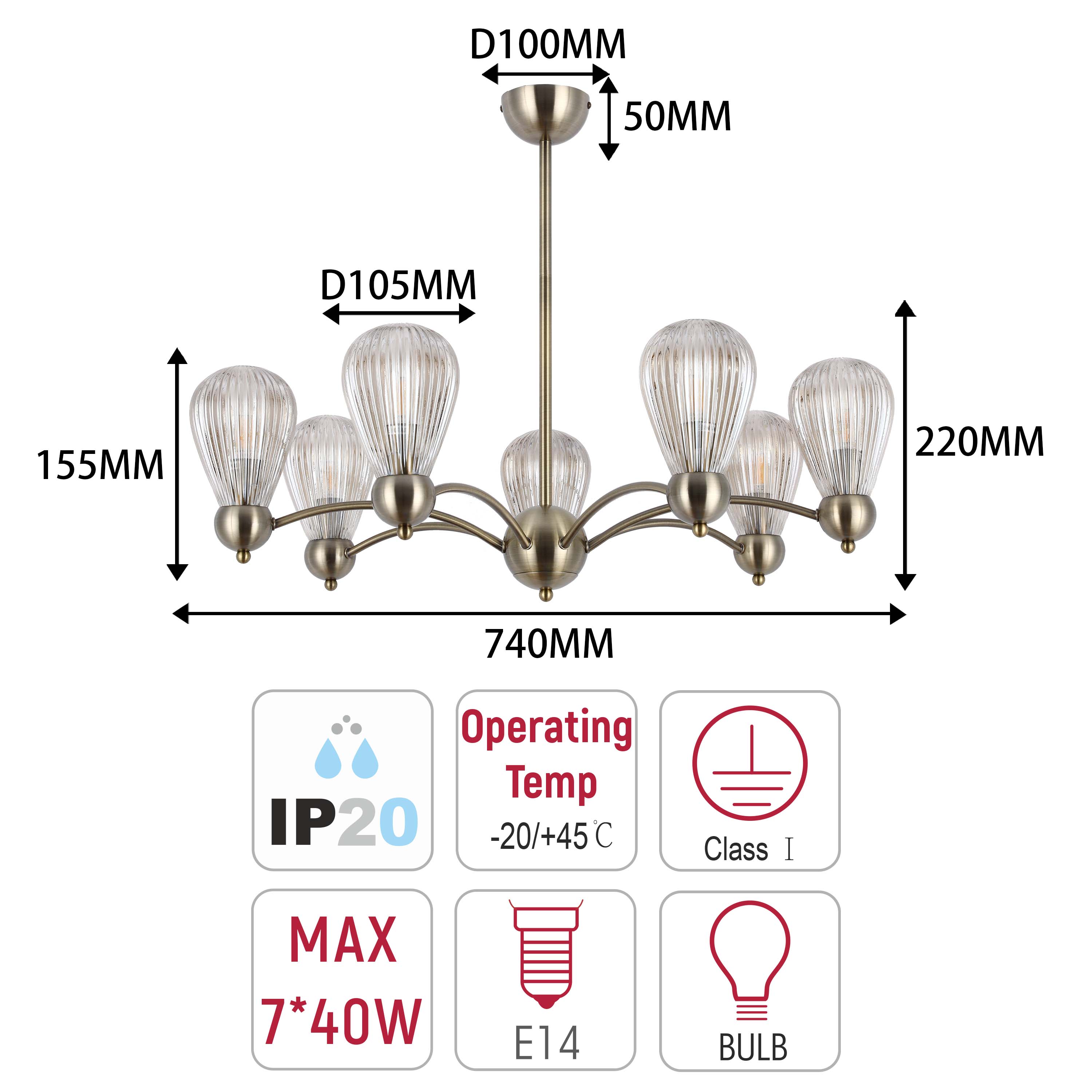 Antique Brass Modern Ceiling Light with Clear Glass Shades, 5 & 7-Light E14
