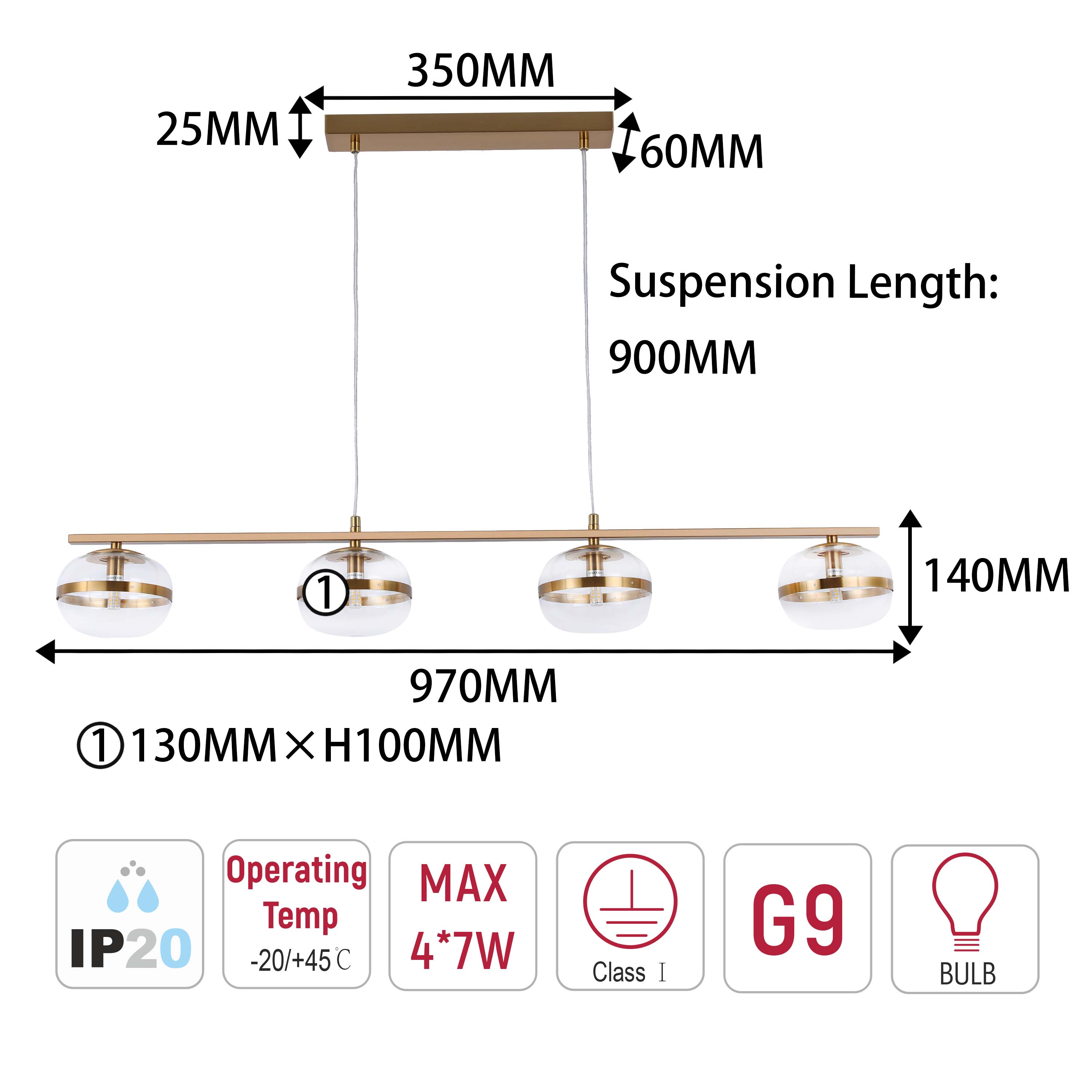Luxury Brass & Clear Ribbed Glass Pendant Light, G9 Dimmable
