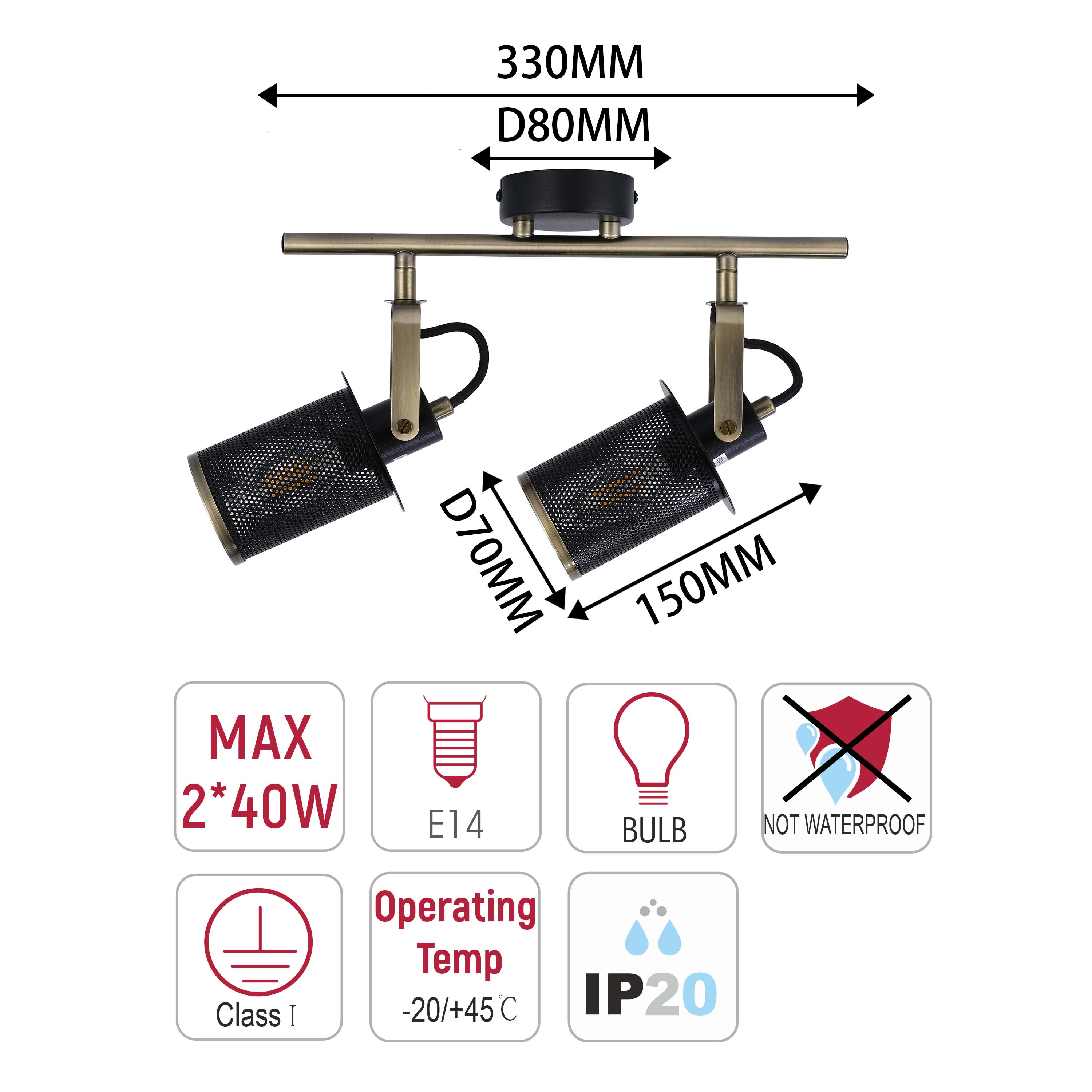 Industrial Black & Antique Brass Mesh Ceiling Spotlight Bar, E14