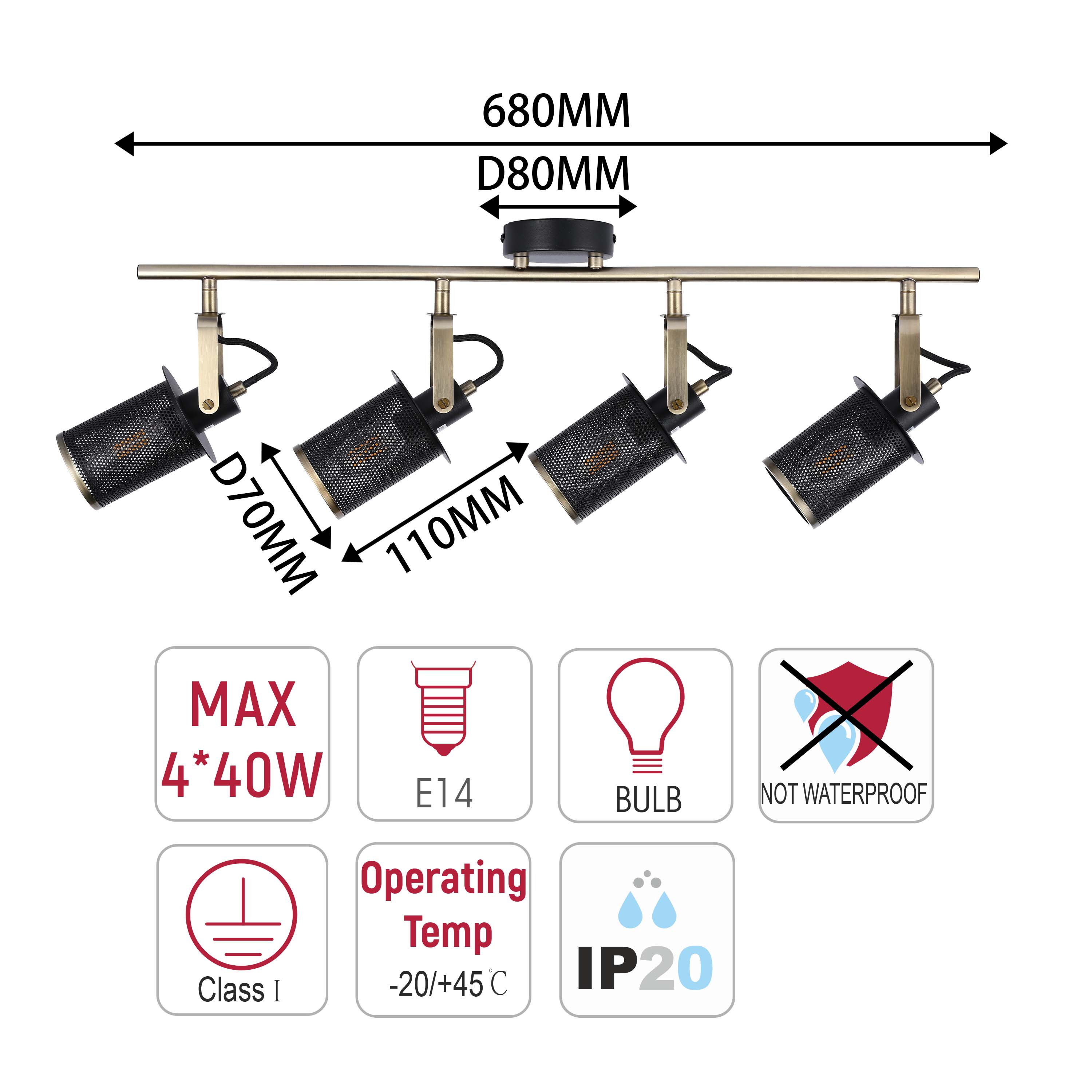 Industrial Black & Antique Brass Mesh Ceiling Spotlight Bar, E14
