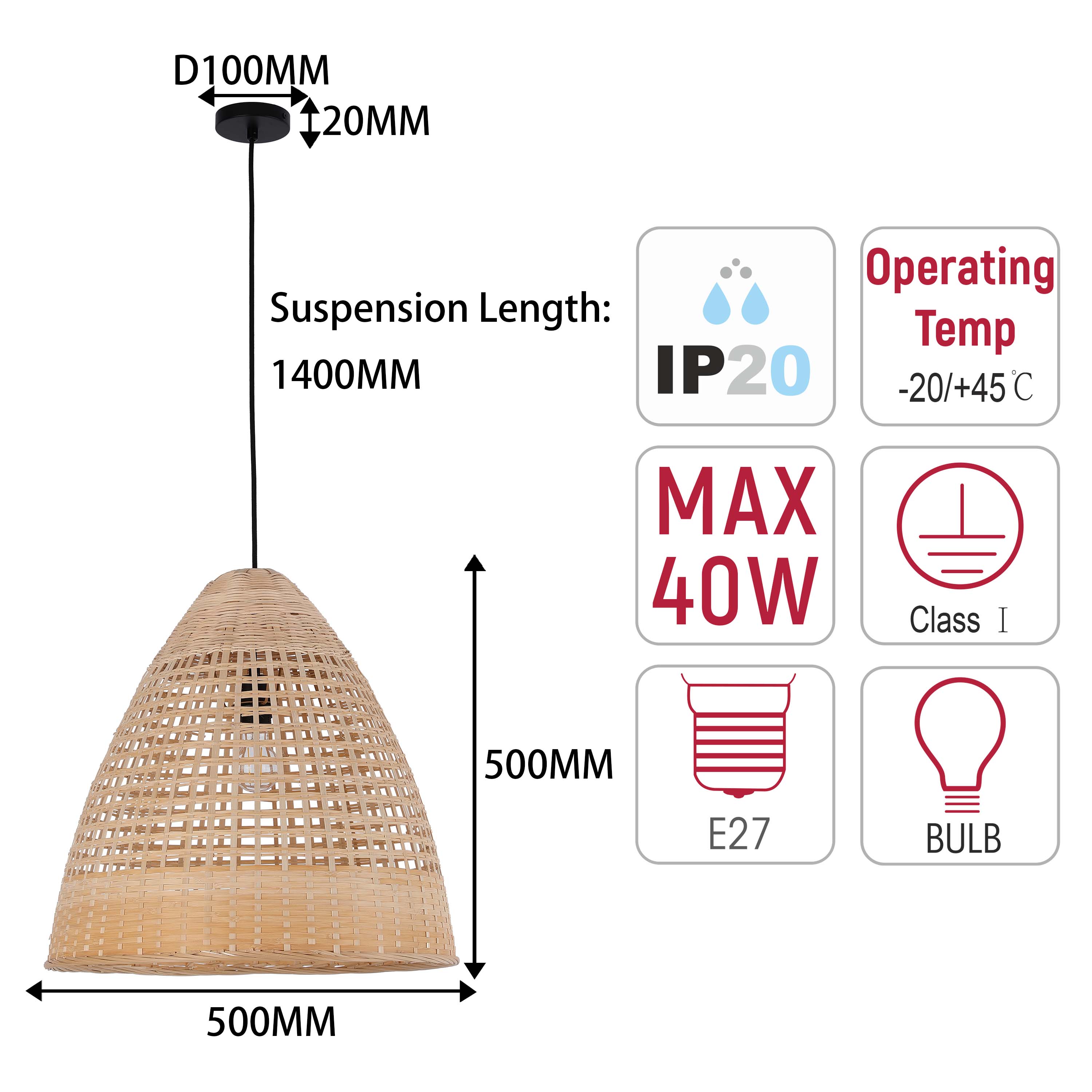 Natural Woven Bamboo & Seagrass Pendant Light, 1x E27