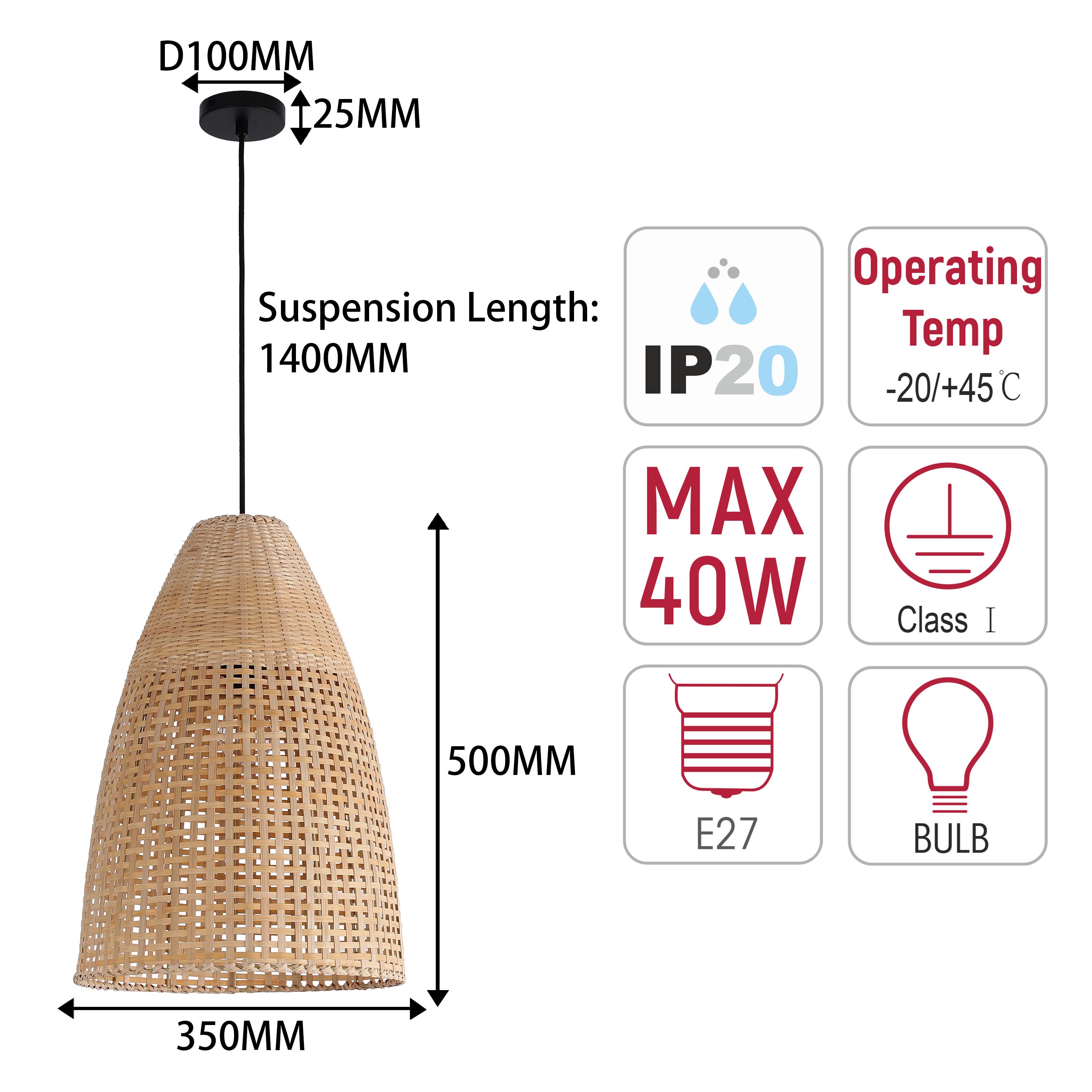 Natural Woven Bamboo & Seagrass Pendant Light, 1x E27
