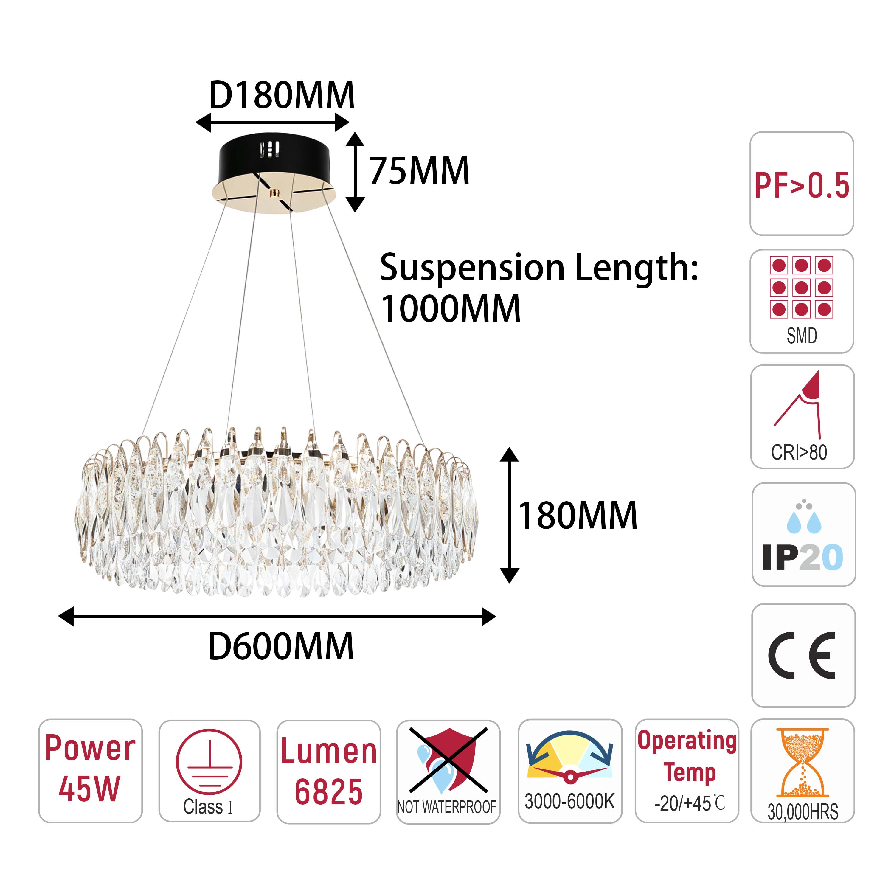 Premium Modern Crystal LED Chandelier, Dimmable with 2.4G Remote, 3CCT