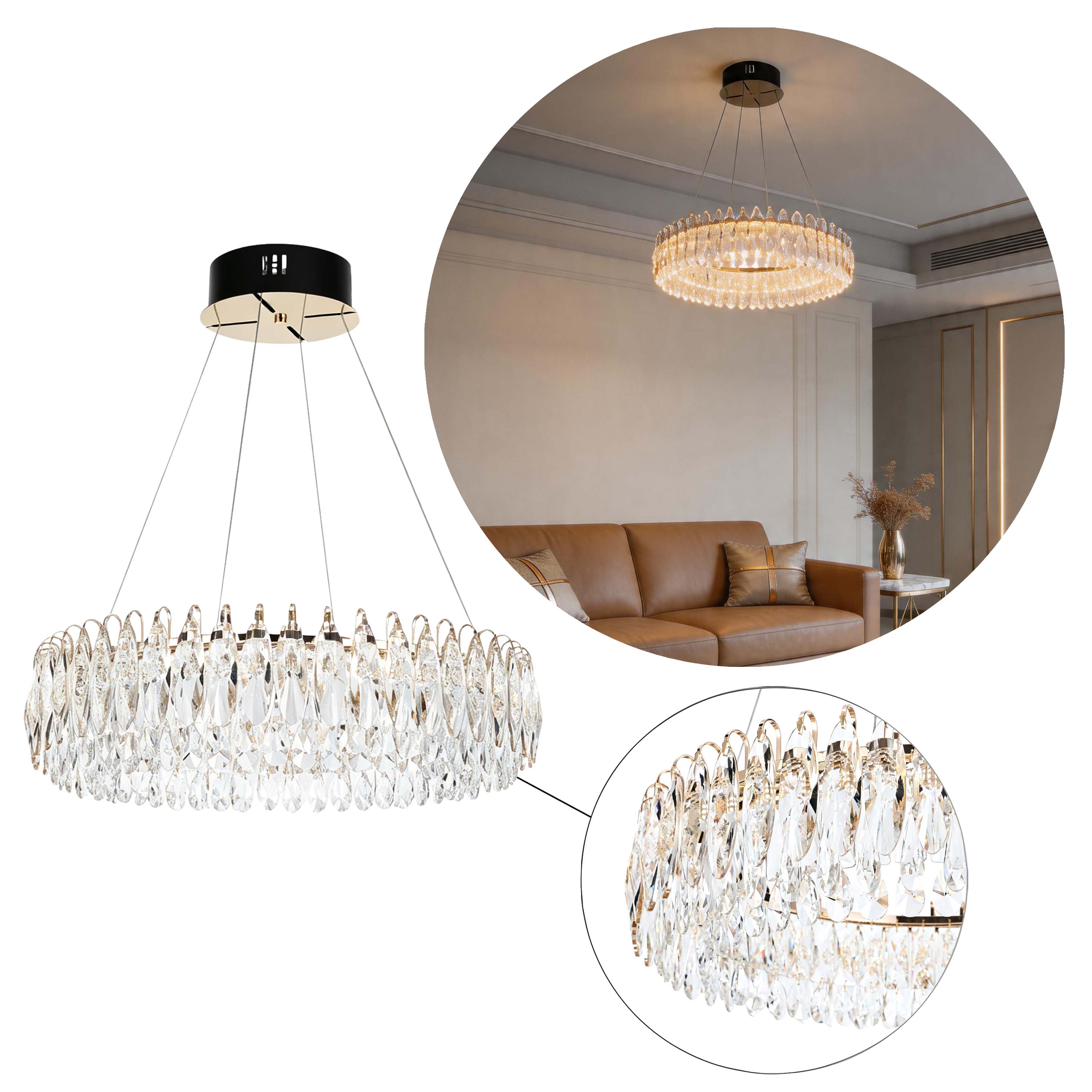 Premium Modern Crystal LED Chandelier, Dimmable with 2.4G Remote, 3CCT
