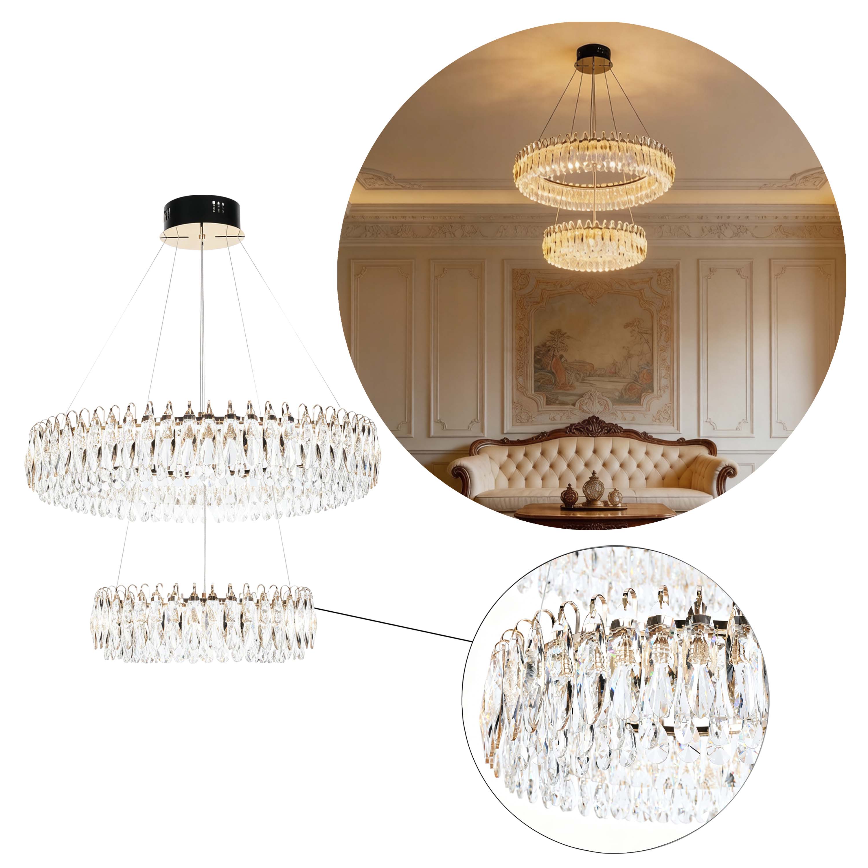 Premium Modern Crystal LED Chandelier, Dimmable with 2.4G Remote, 3CCT
