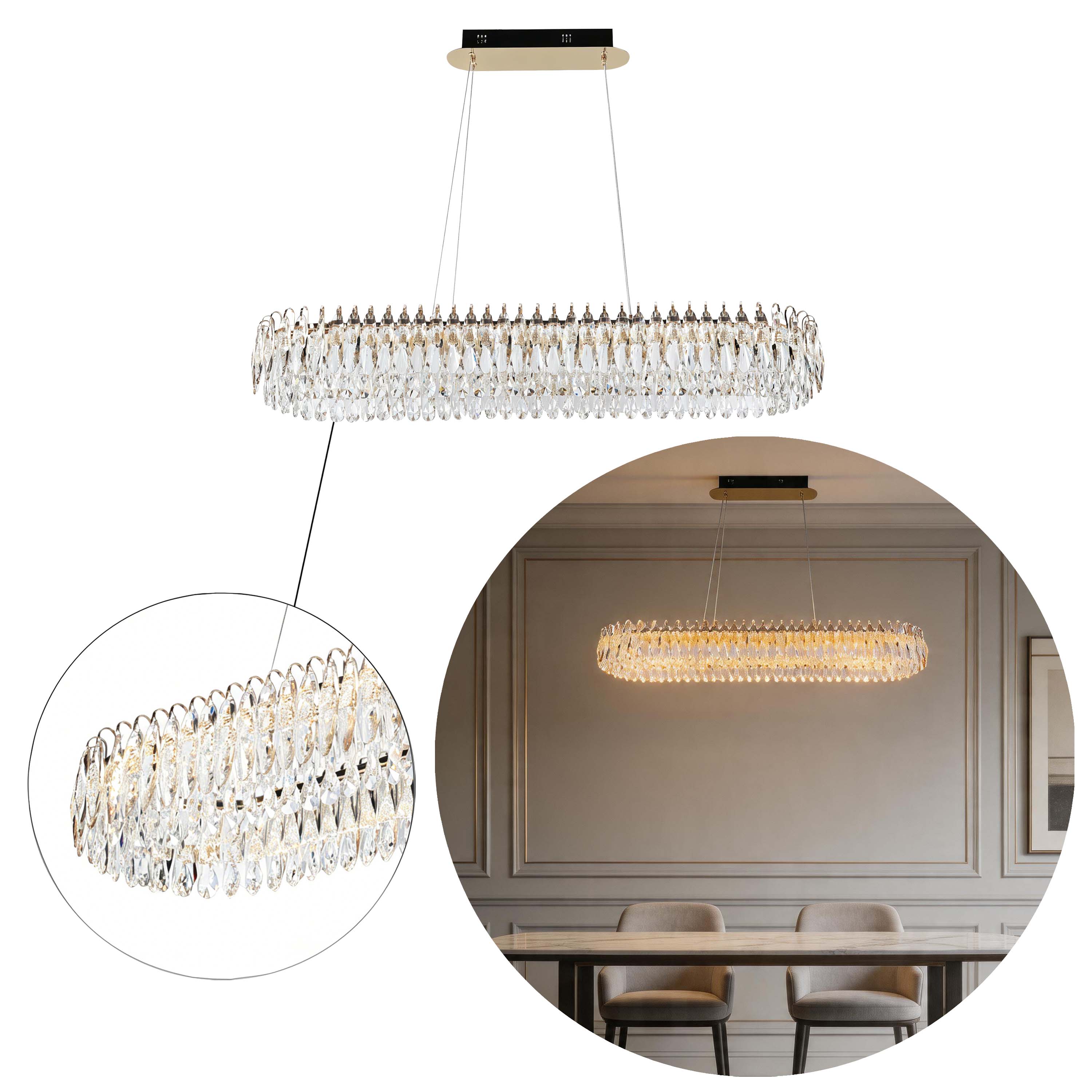 Premium Modern Crystal LED Chandelier, Dimmable with 2.4G Remote, 3CCT