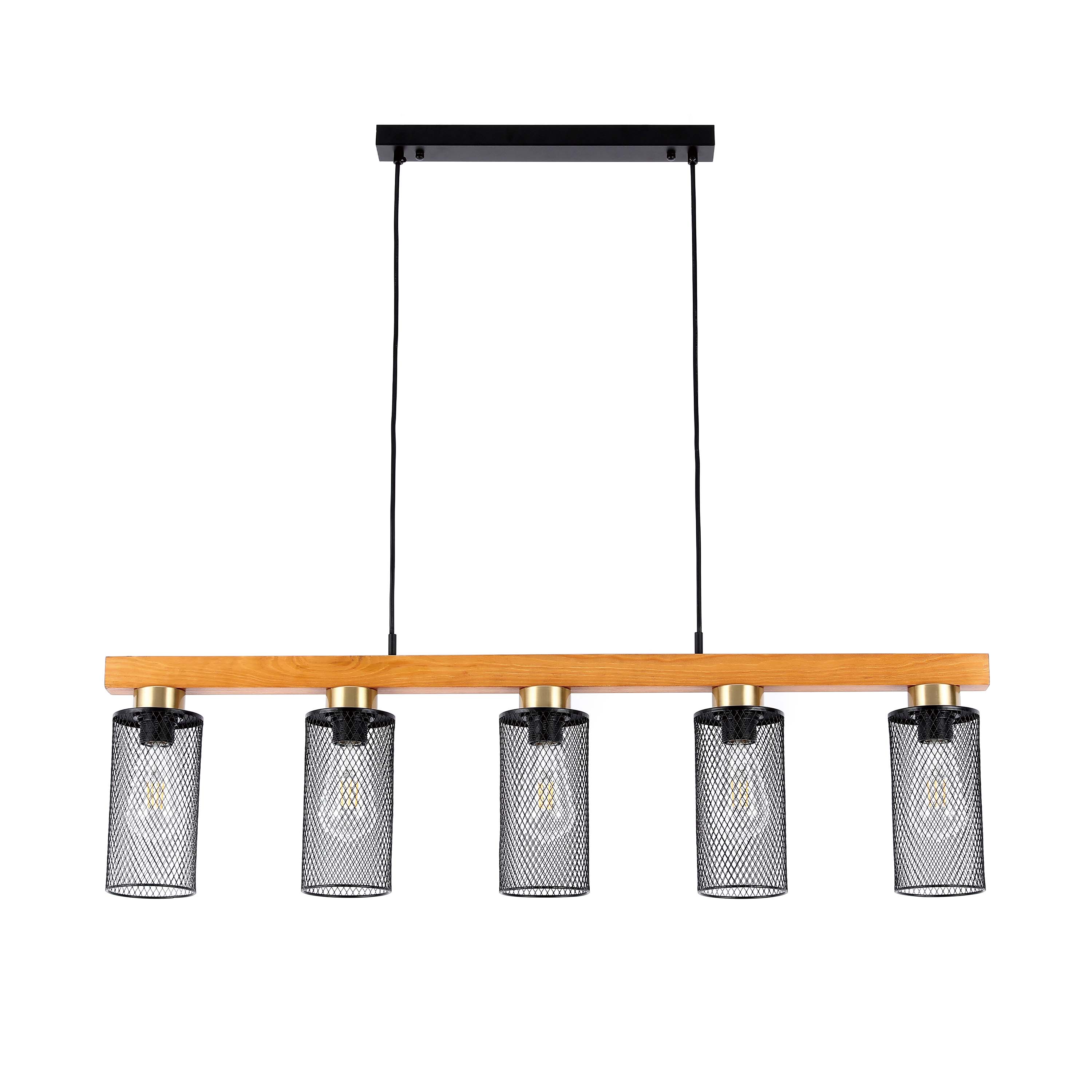 Rustic Wood Beam & Black Mesh Pendant Light, 3 / 5 Light E27