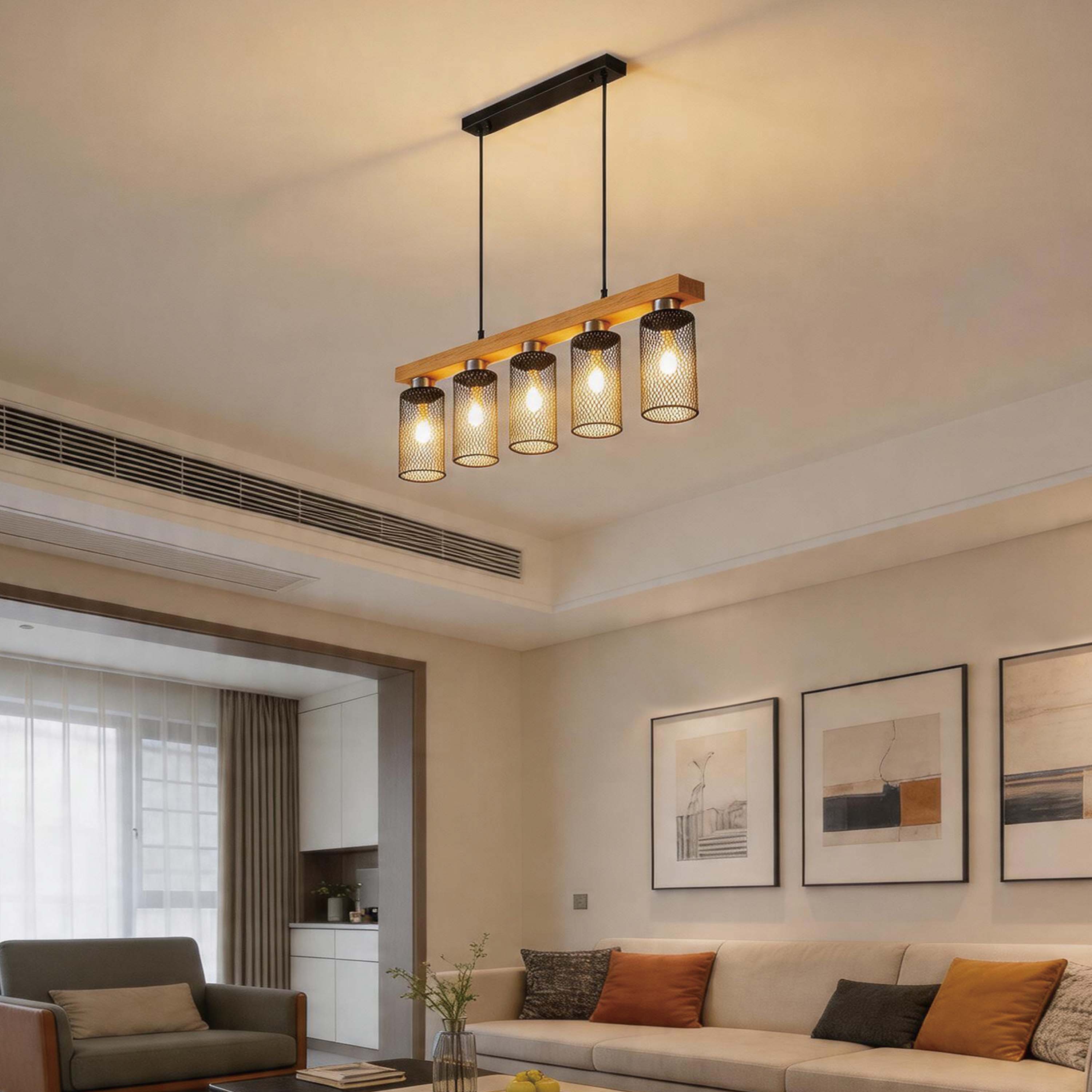 Rustic Wood Beam & Black Mesh Pendant Light, 3 / 5 Light E27