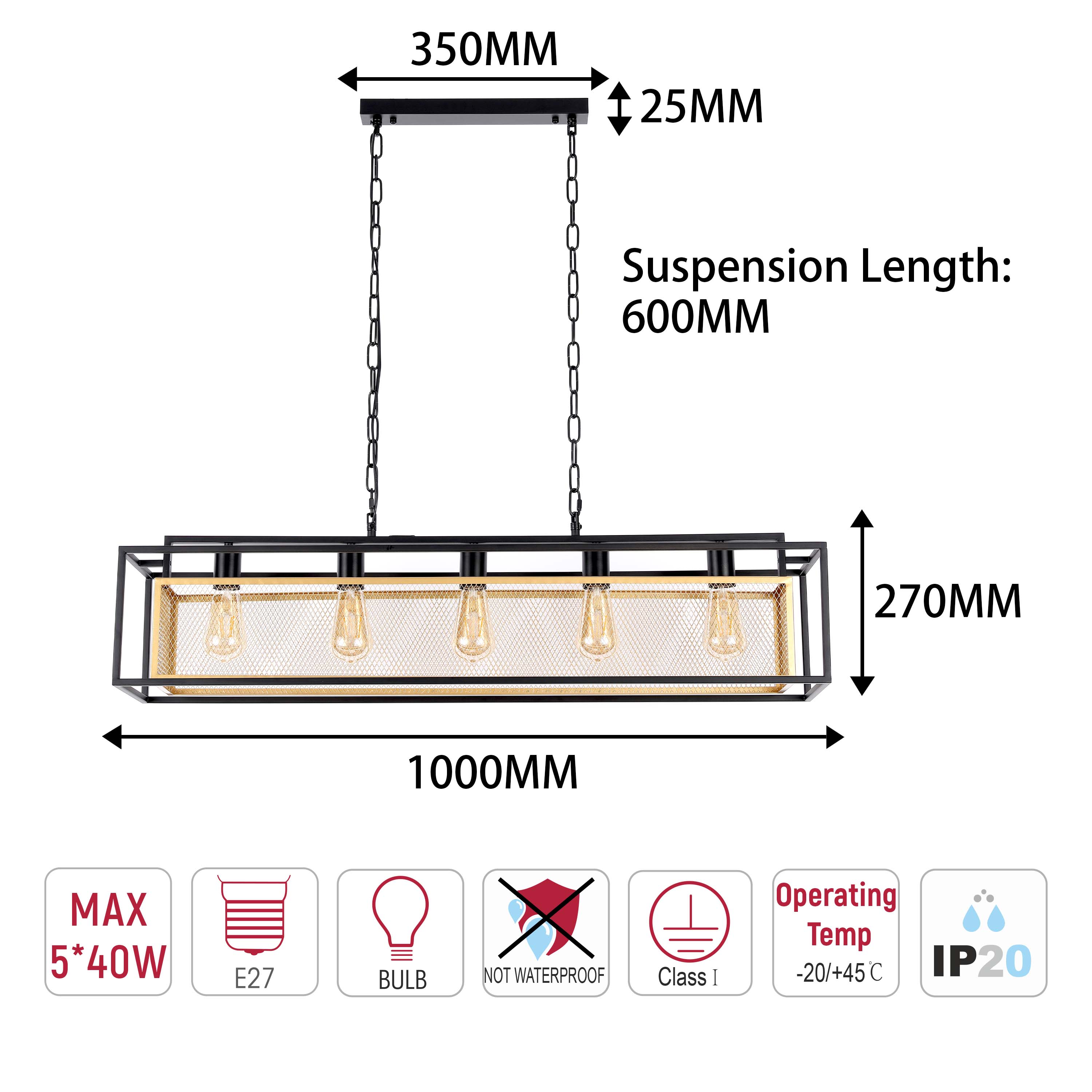Industrial Black & Gold Linear Mesh Cage Pendant Light, 3 / 5 Light E27