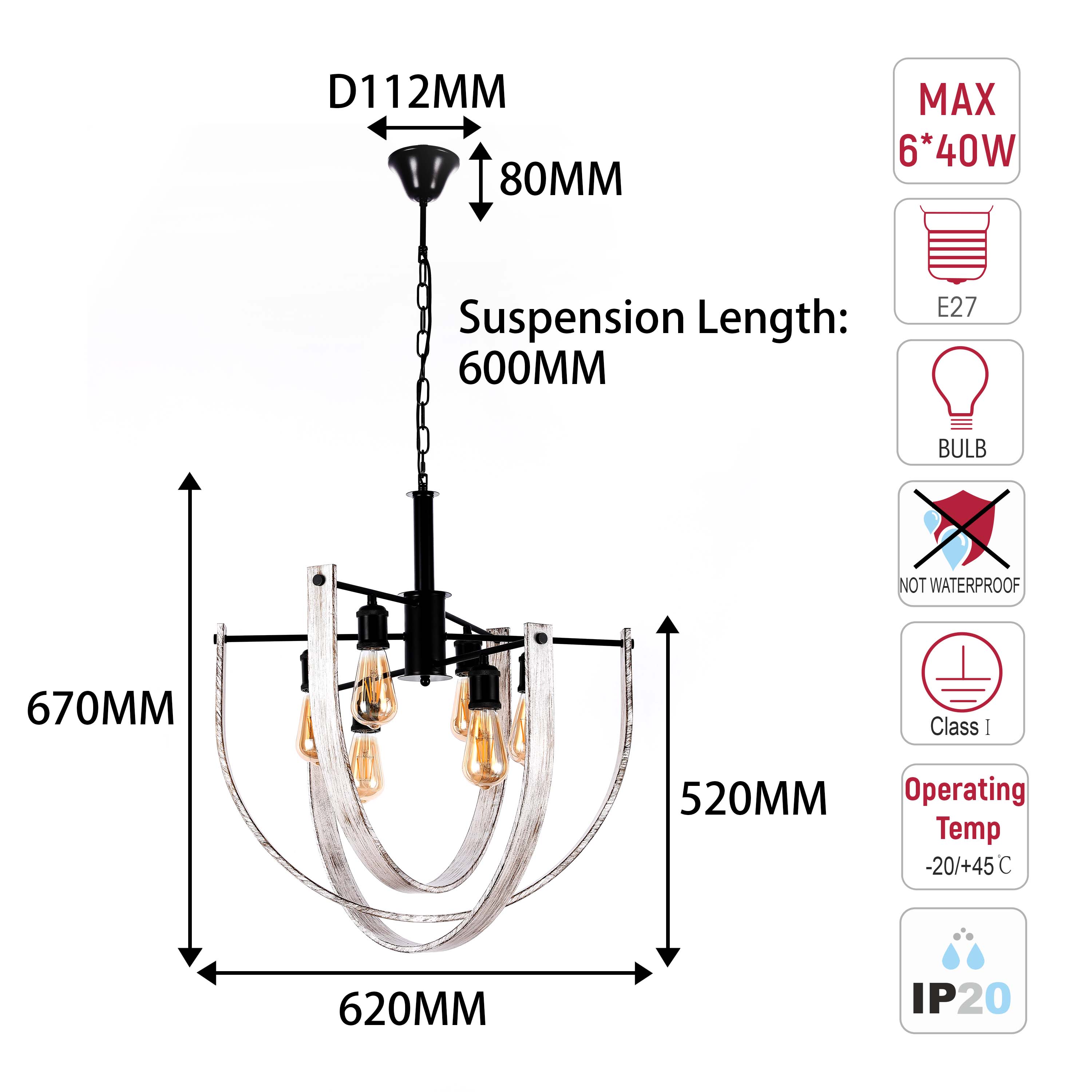 Rustic 6-Light Orb Pendant Light, Black & Distressed White, E27