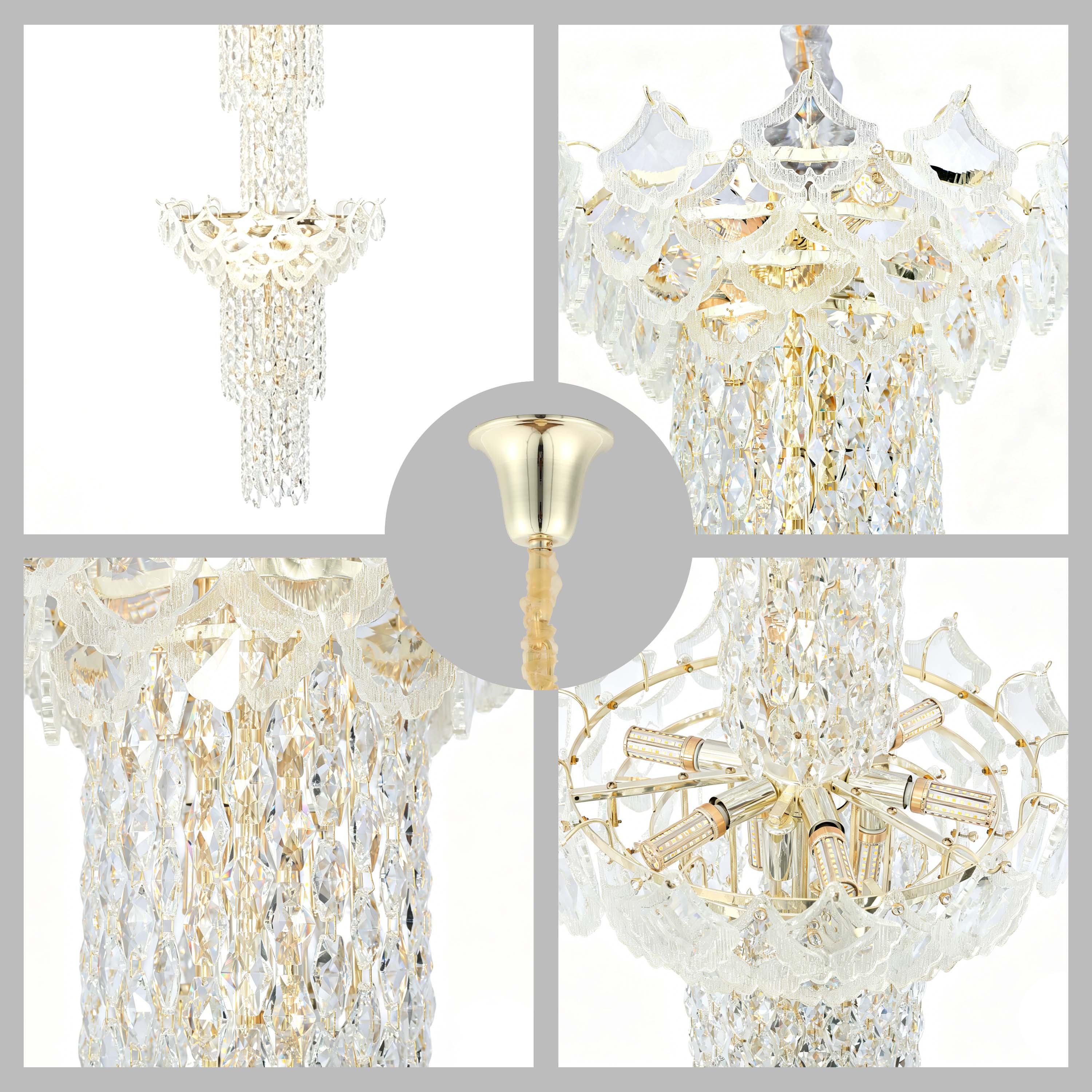 Luxury Gold Crystal Chandelier Collection M2123, 9 to 45 Light E14
