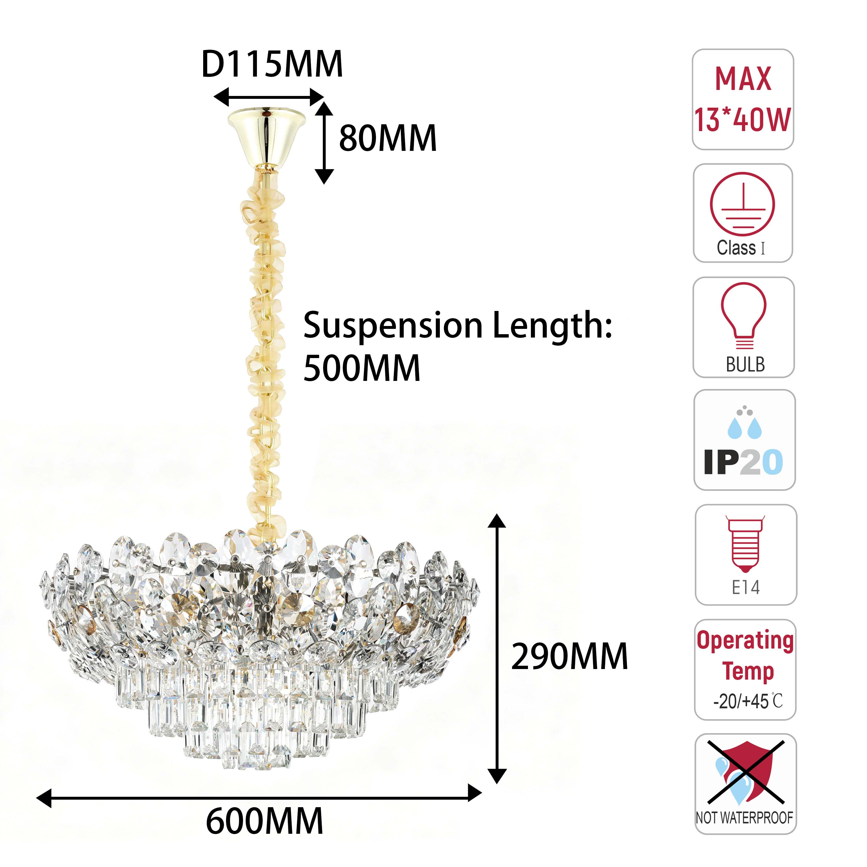 Luxury Gold & Crystal Empire Chandelier Collection M2158, 12 to 42 Light E14