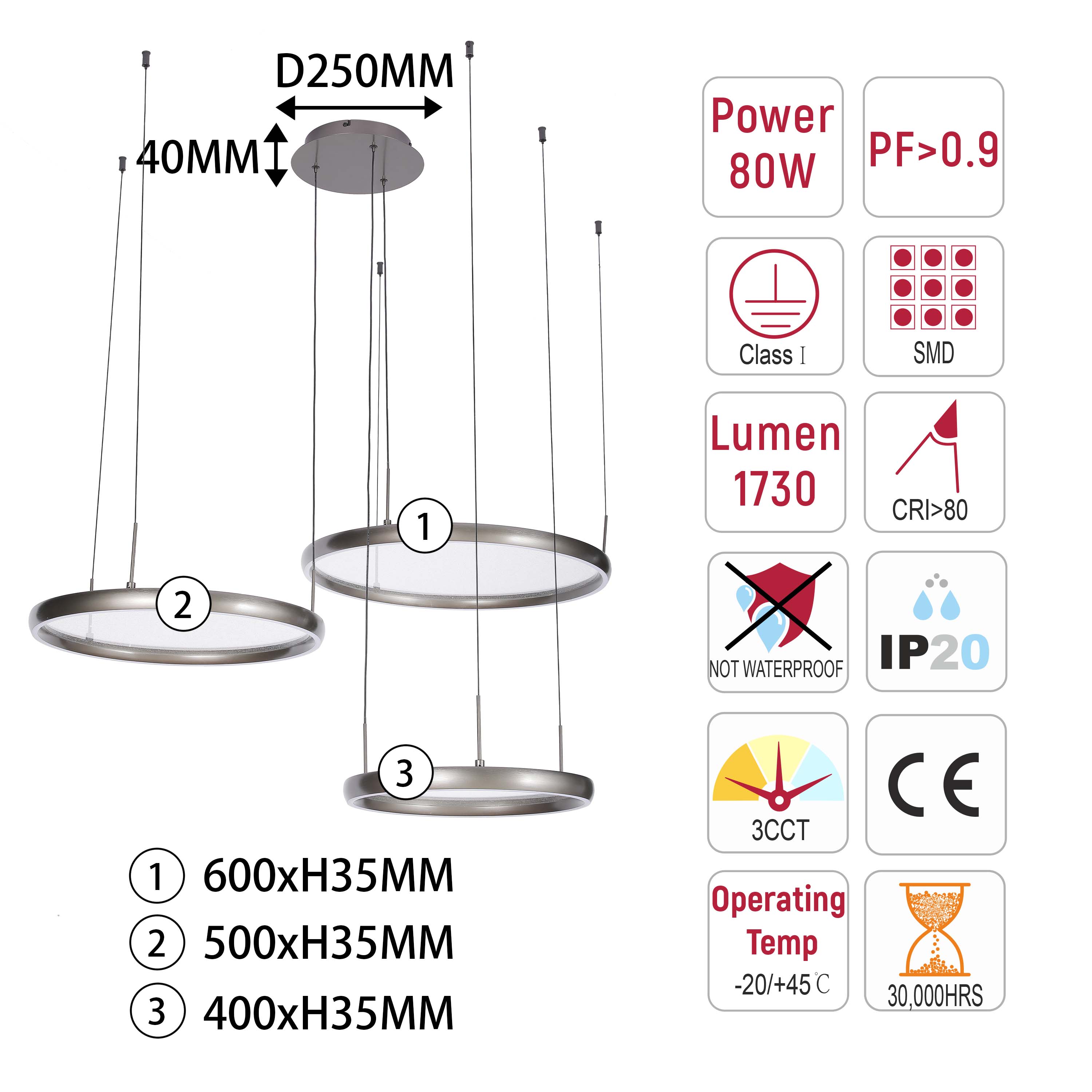 Modern 3-Ring Black LED Pendant Light, 80W 3CCT with Remote